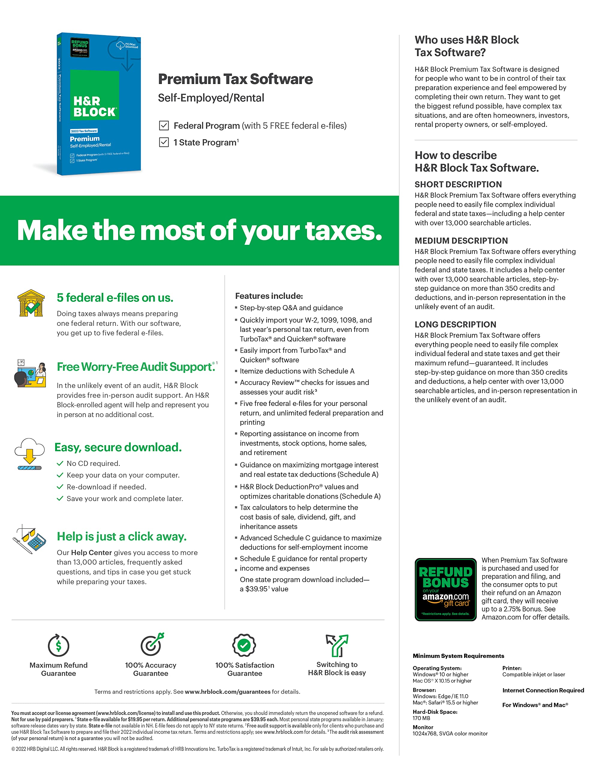 H&R Block Tax Software Premium 2022 with Refund Bonus Offer (Amazon Exclusive) [Mac Download] (Old Version)