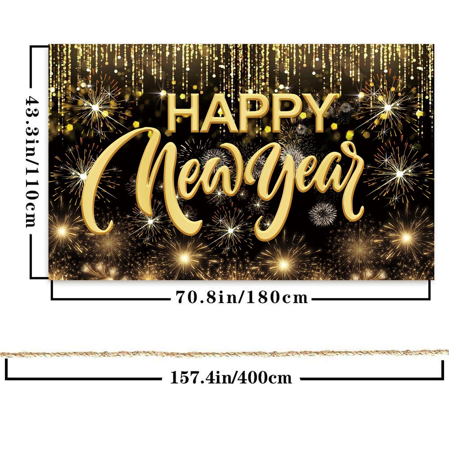 Happy New Year Hanging Extra Large Fabric Sign Poster Background Banner with Firework Pattern for New Year Party Decorations