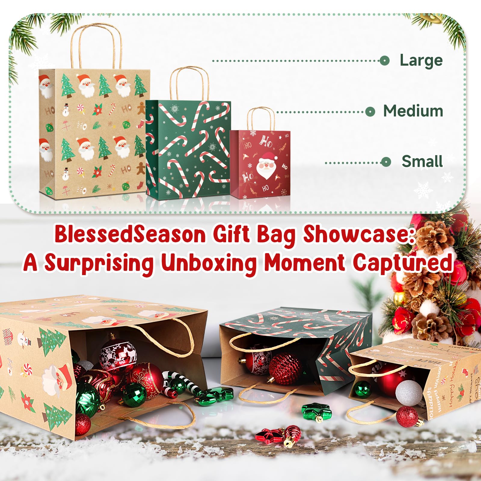 BlessedSeason 28 PCS Christmas Gift Bags with Handles, Reusable 14 Styles Kraft Gift Bags, Christmas Bags for Gifts with Christmas Prints for Holiday Paper Gift Bags (6 Large,10 Medium,12 Small)