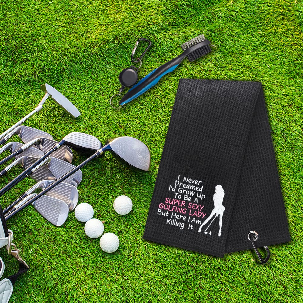 GEYGIE Super Sexy Golfing Lady Embroidered Golf Towels with Clip and Golf Brush with Retractable Extension Cord, Funny Golf Towel Gifts and Golf Accessories Set for Mom Women Daughter Wife Golf Fan