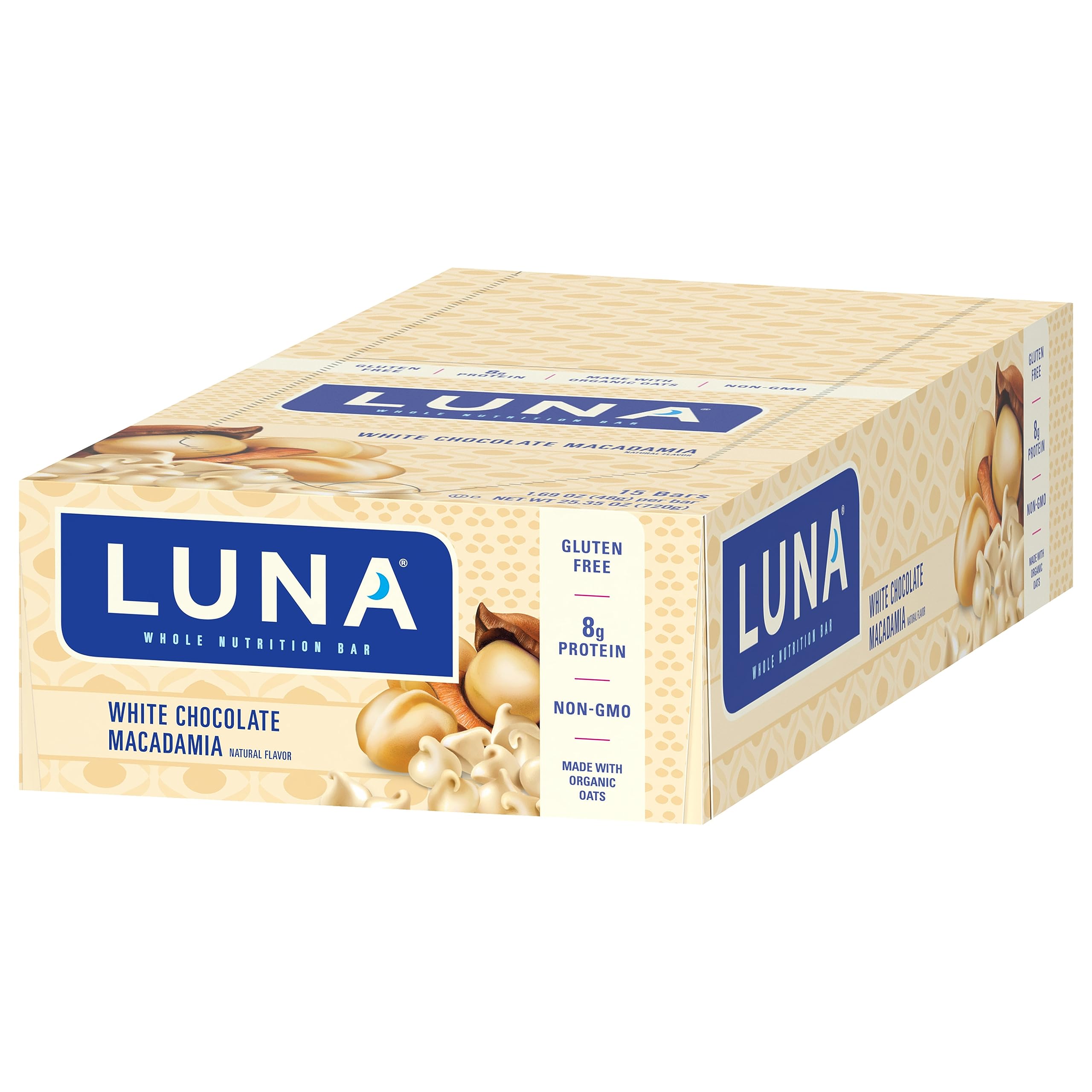 LUNA Bar - White Chocolate Macadamia Flavor - Gluten-Free - Non-GMO - 7-9g Protein - Made with Organic Oats - Low Glycemic - Whole Nutrition Snack Bars - 1.69 oz. (15 Count)