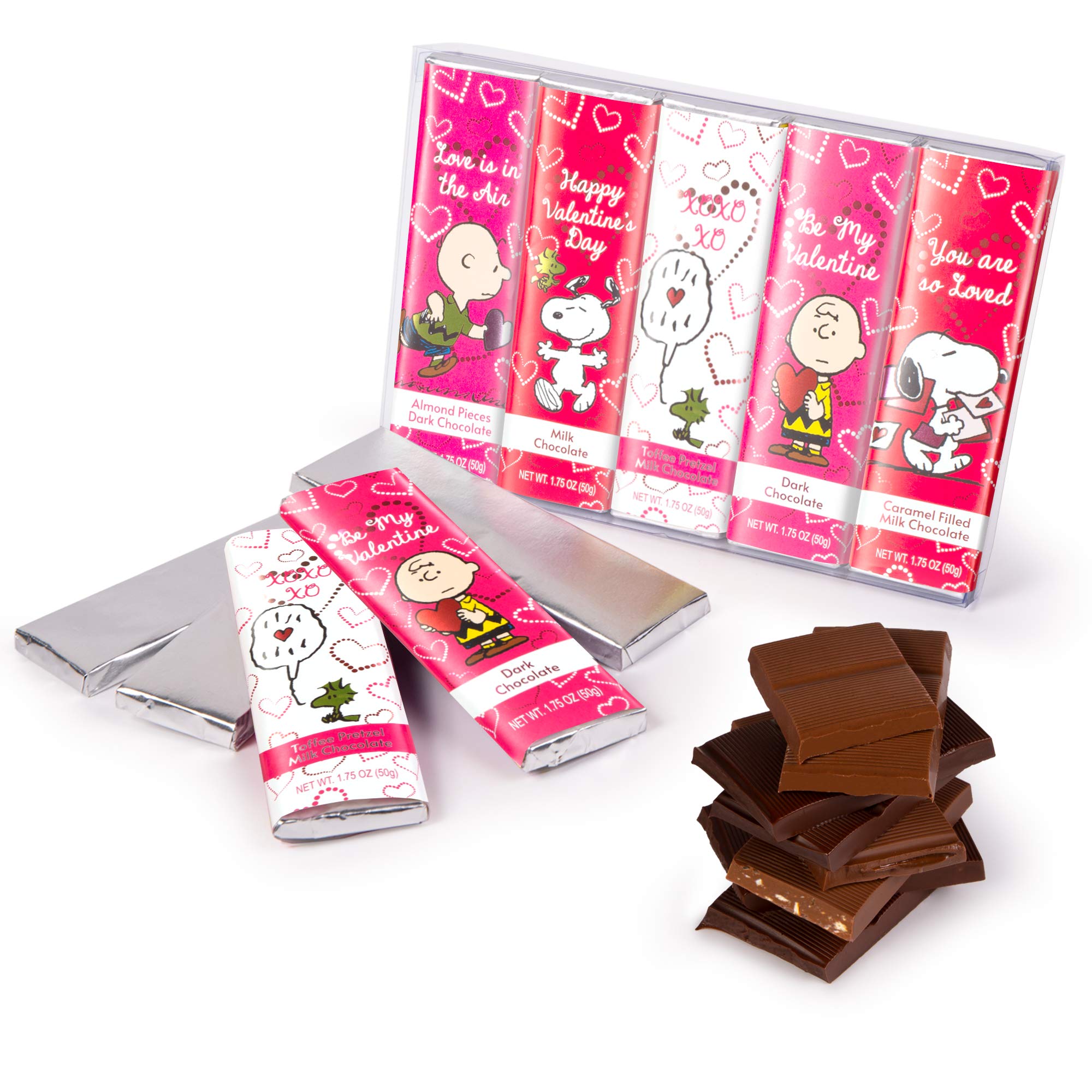 Peanuts Chocolate Valentine's Day Variety Gift Pack, Snoopy Gourmet Bar Snack Set, Charlie Brown Gifts for Kids, 1.75oz 5-Bar Rich Belgian Chocolate Valentine’s Day Box Set, Valentine Gift Shopping, Prime Holiday Delivery