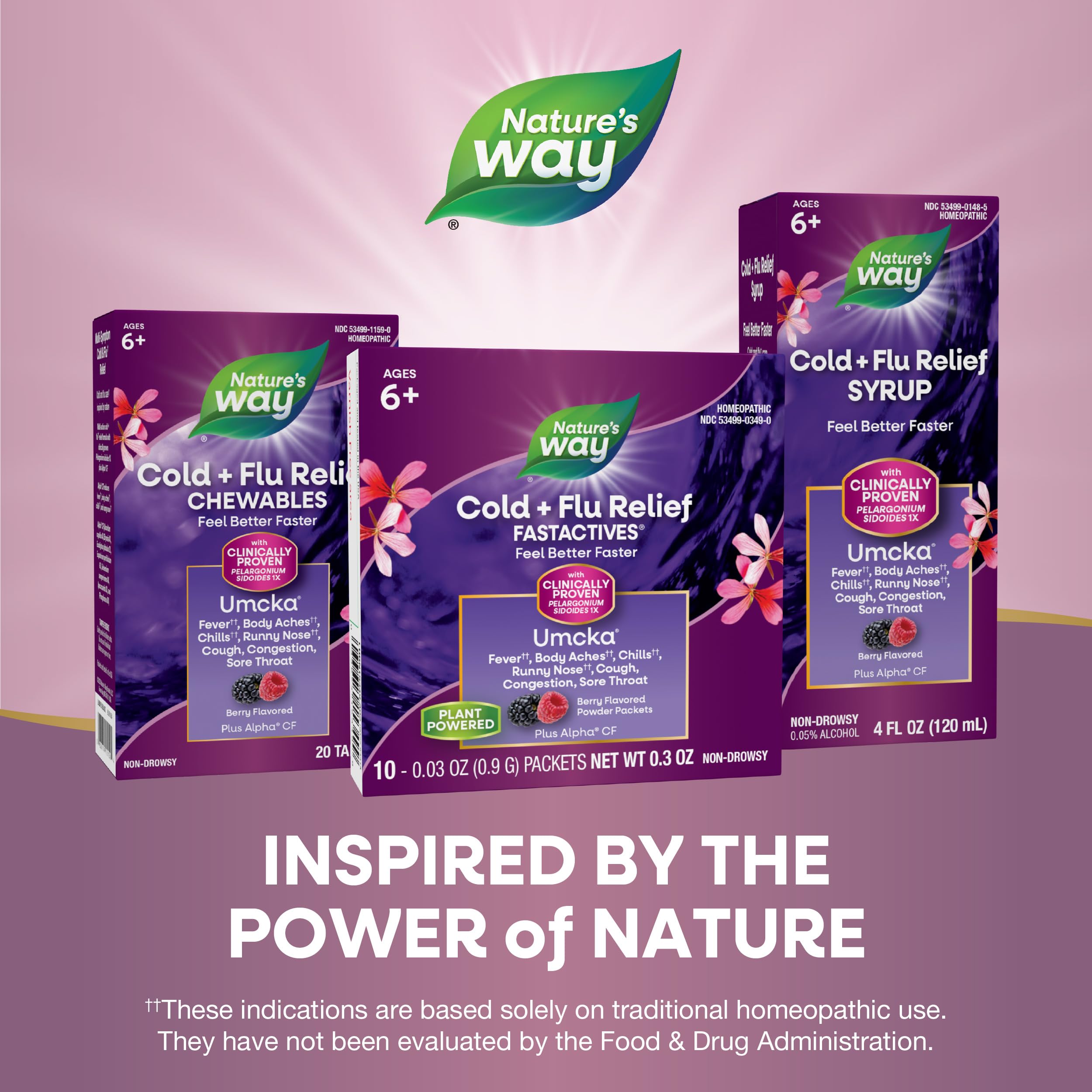 Nature's Way Cold + Flu Relief FastActives, Umcka, Homeopathic, Fever, Sore Throat, Cough, Congestion, Body Aches, Phenylephrine Free, Non-Drowsy, Berry Flavored, 10 Packets (Packaging May Vary)