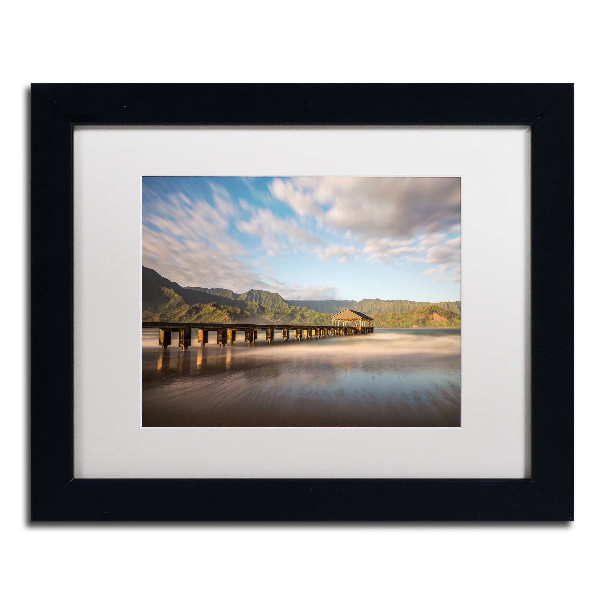 Trademark Fine Art PL0280-B1114MF Hanalei Bay Pier by Pierre Leclerc, White Matte, Black Frame 11x14-Inch, 11x14