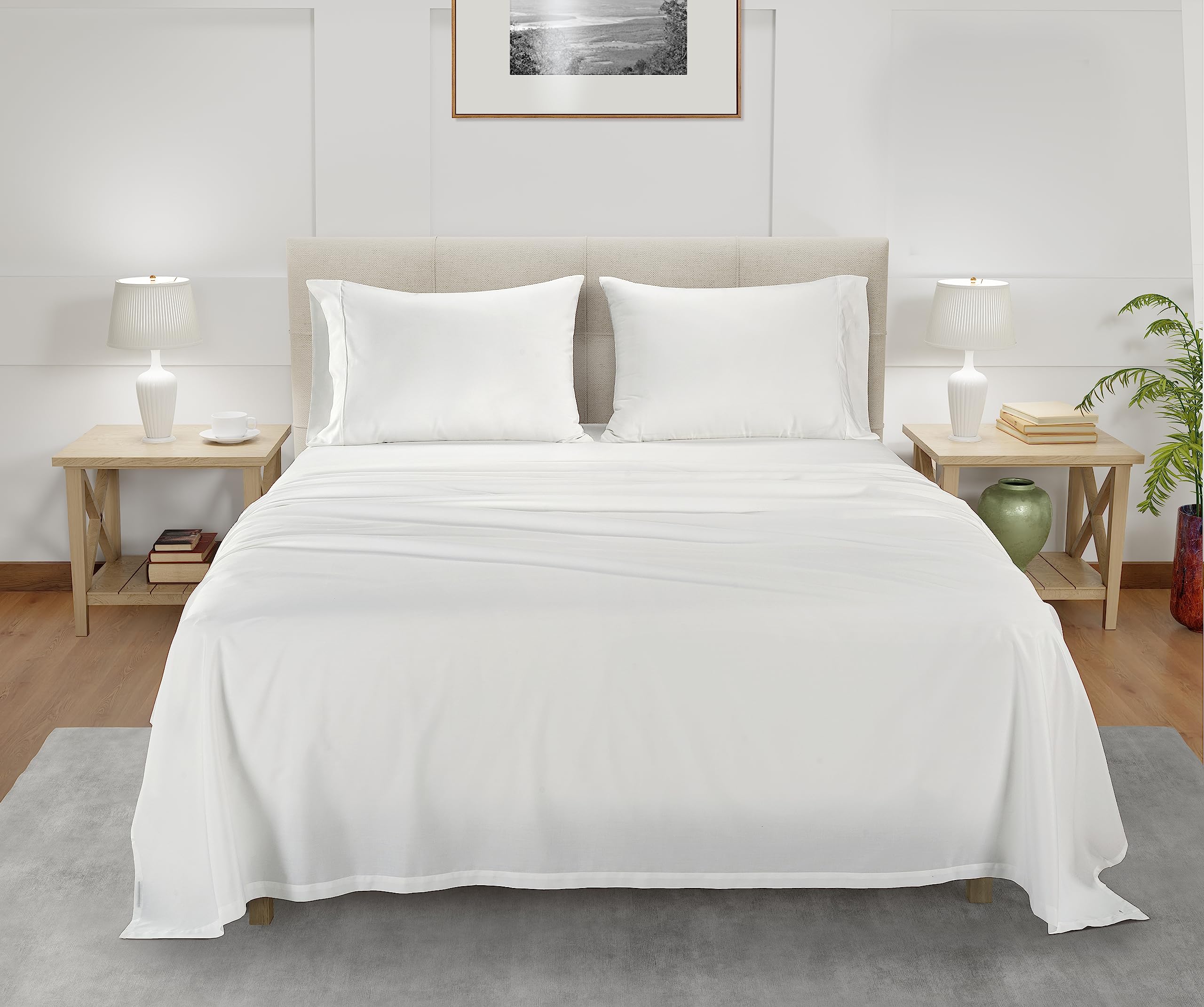 Eucalyptus Sheets California King Sheet Set, Bed Sheets, 4 Piece White Sheet Set, Solid Crisp Percale Weave Sheets, Hotel Like Sheets, Deep Pocket Sheets (Fits Upto 15" Mattress) - Snow White Sheets