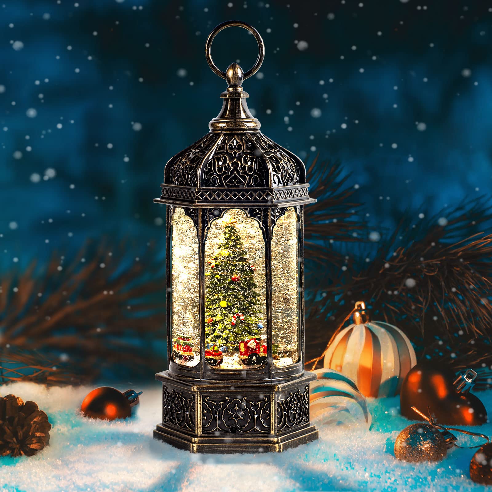 Christmas Snow Globes,Snow Ball Christmas with Music,6H Timer Cylindrical Flashing Snow Ball,Bronze Christmas Music Box Including 8 Songs, Lantern with Christmas Tree