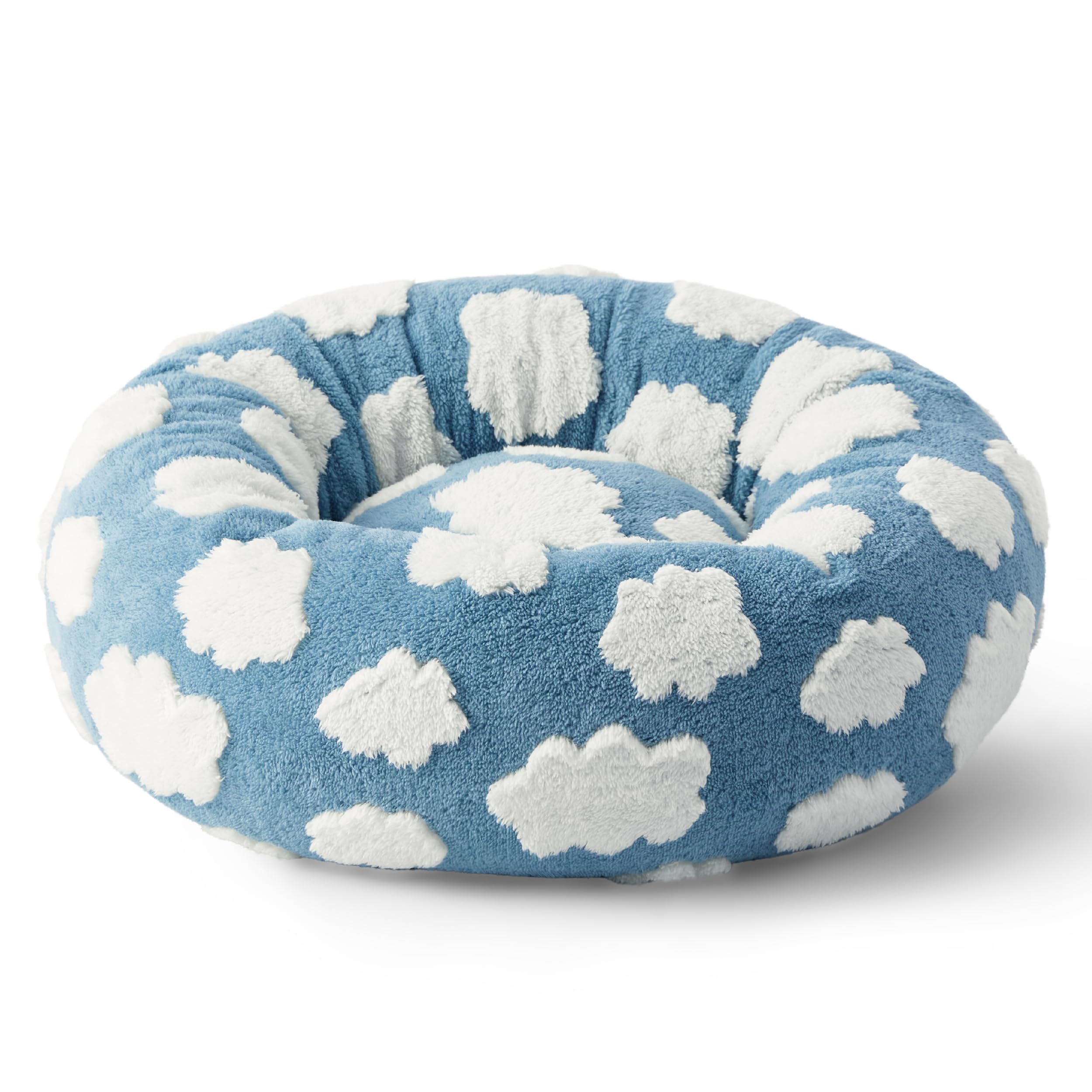 Lesure Donut Small Dog Bed - Round Cat Beds for Indoor Cats Calming Pet Beds, Cute Modern Beds with Jacquard Shaggy Plush & Anti Slip Bottom, 30 Inch, Blue