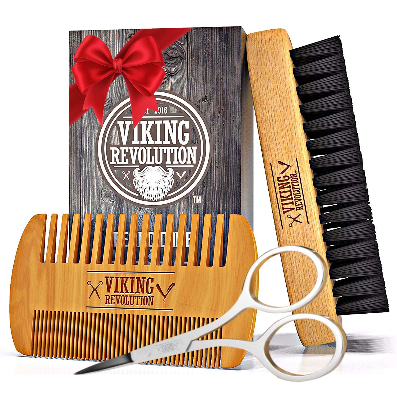 Viking Revolution Natural Boar Bristle Brush and Pear Wood Comb Set for Men - Dual Action Grooming for Beards and Mustaches with Velvet Travel Pouch