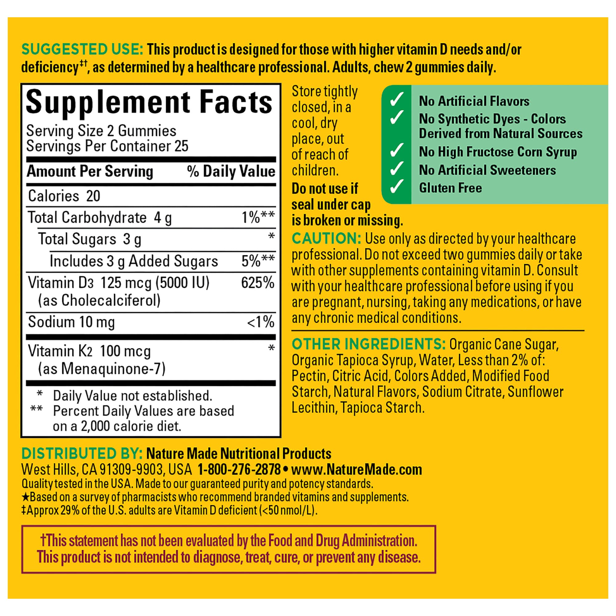 Nature Made Vitamin D3 K2 Gummies, Vitamin D 5000 IU Per Serving for Bone, Teeth, Muscle and Immune Support, 50 Gummy Vitamins, 25 Day Supply