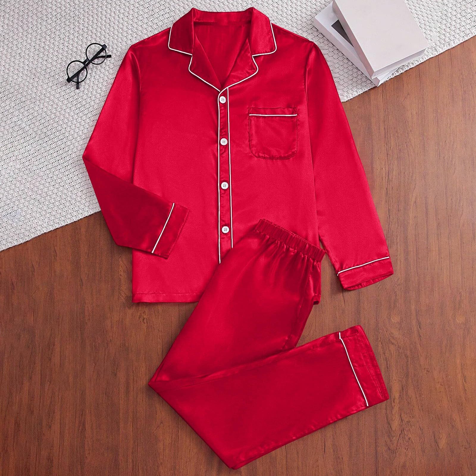 Christmas Matching Pajamas for Family Sets Silk Stain Family Pajamas Matching Sets 2024 Button Down Shirt and Pants Silky Xmas Pjs Jammies for Family PicturesDeRed