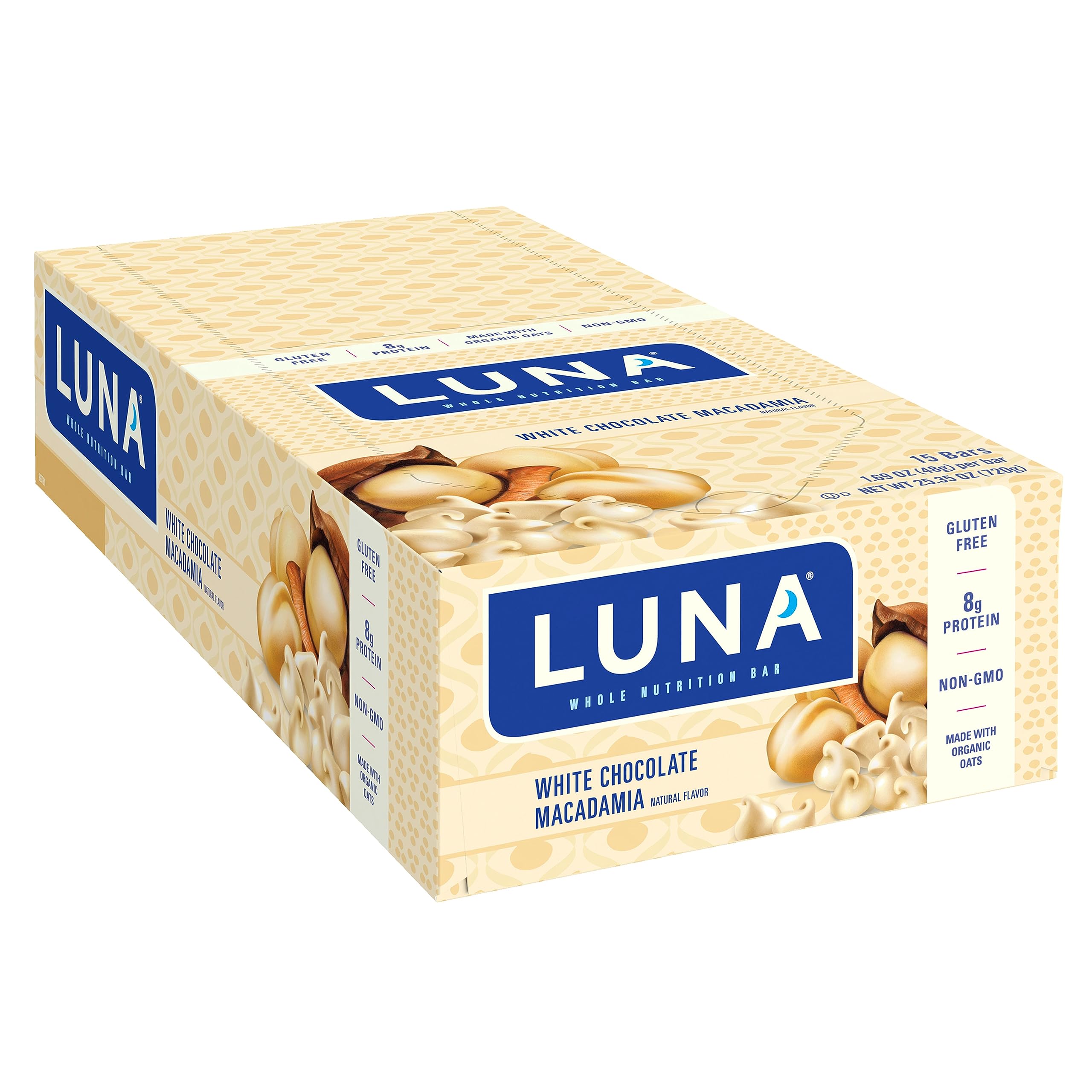 LUNA Bar - White Chocolate Macadamia Flavor - Gluten-Free - Non-GMO - 7-9g Protein - Made with Organic Oats - Low Glycemic - Whole Nutrition Snack Bars - 1.69 oz. (15 Count)