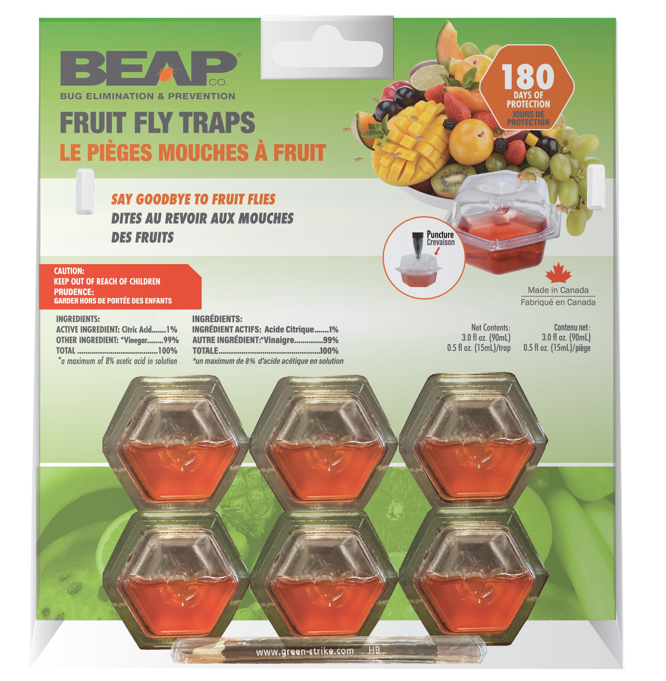 BEAPCO Premium Fly 6 traps + 180 days supply | New and Improved formula | Easy to use | Food-Based | Lure, bait, catcher, fruit flies, 6-Pack, Red