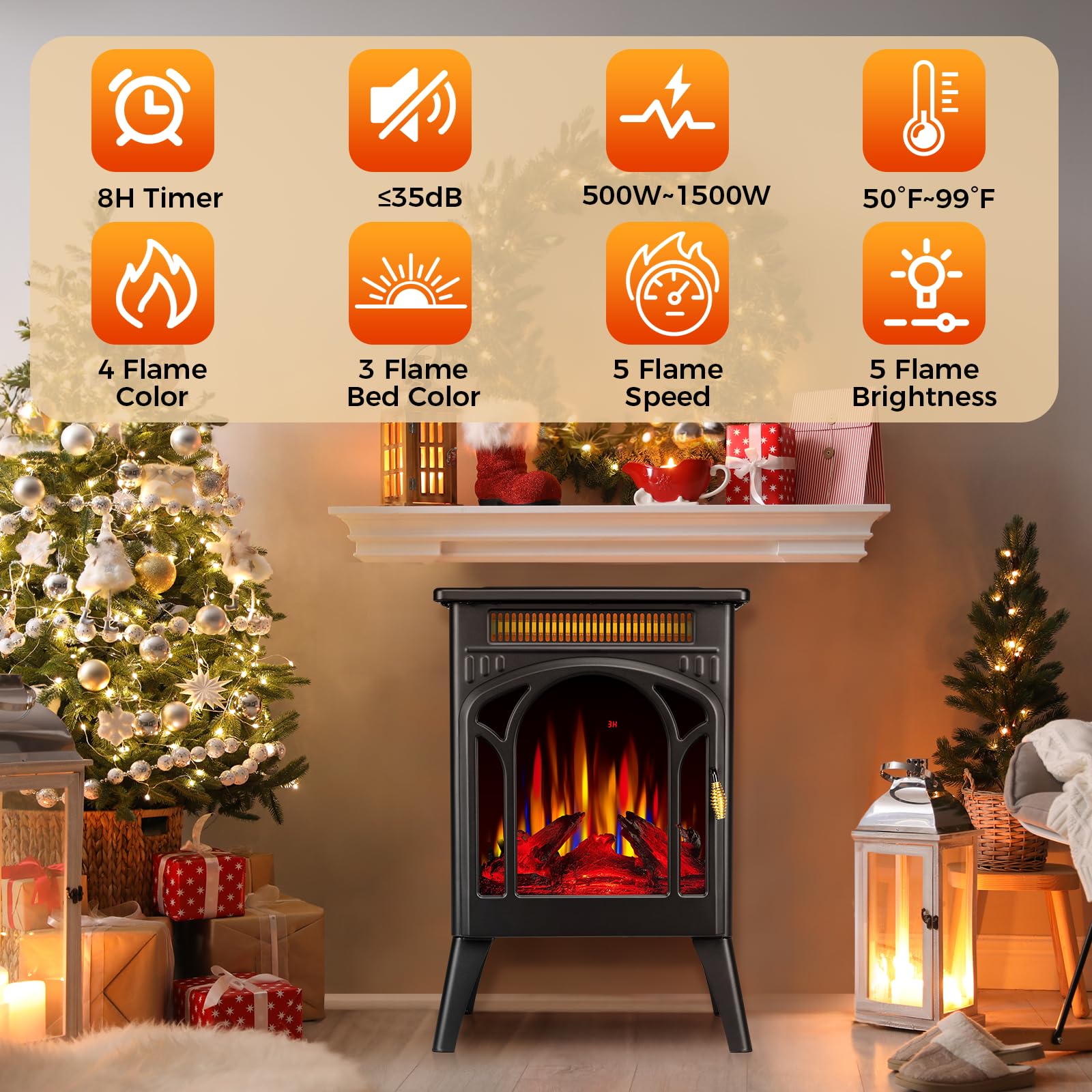 COWSAR Electric Fireplaces, 1500W Infrared Electric Stove Heater, Efficient Heating, 3D Realistic Flame, Remote Control, 8H Timer, Freestanding Stove for Living Room Bedroom Indoor Use, 5100 BTU