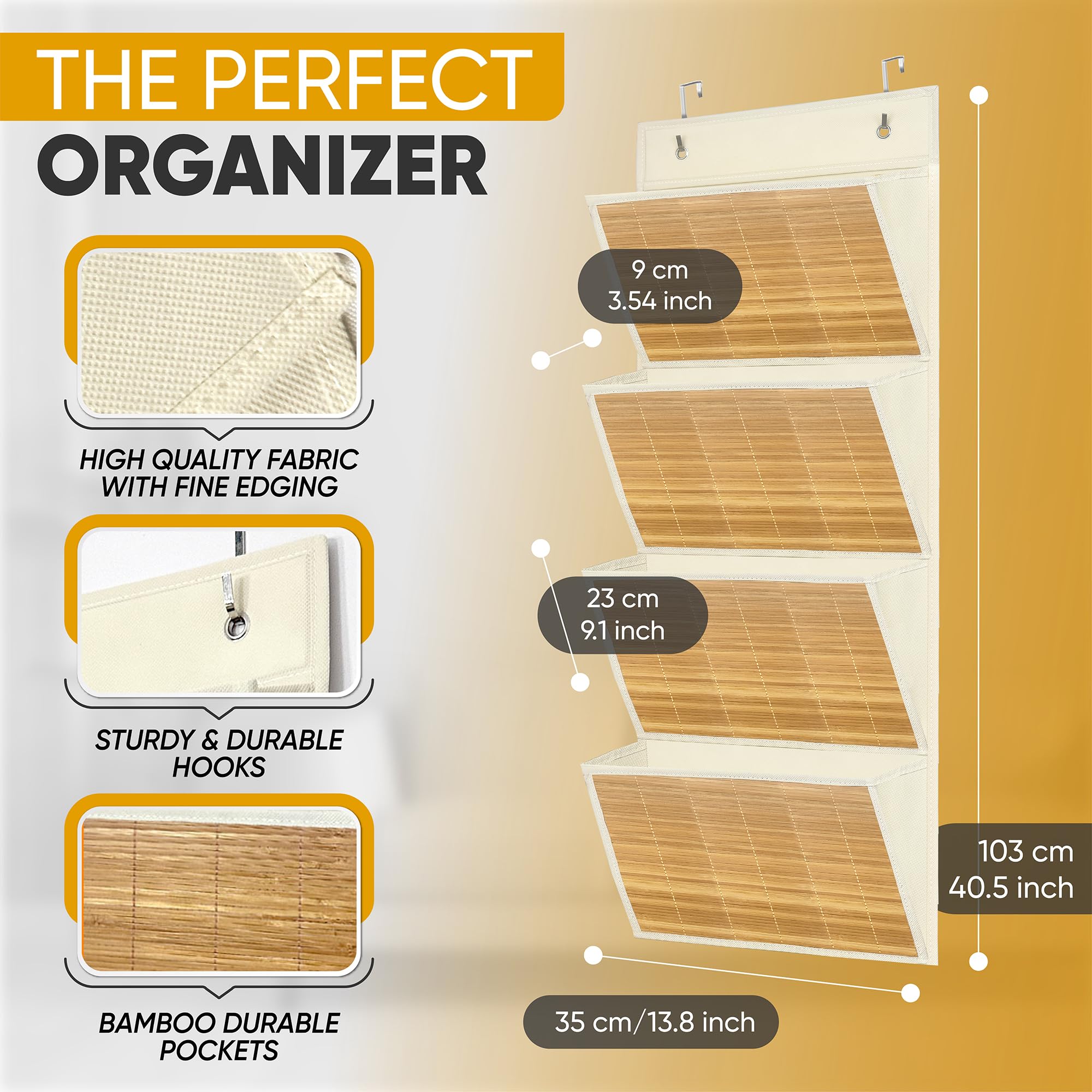 Luxury Over the Door File Organizer with Bamboo Cover – 4 Spacious Pockets for Hanging File Organizer, Premium Hanging Wall File Organizer Folder with Hooks, Ideal for Home Office, Classroom