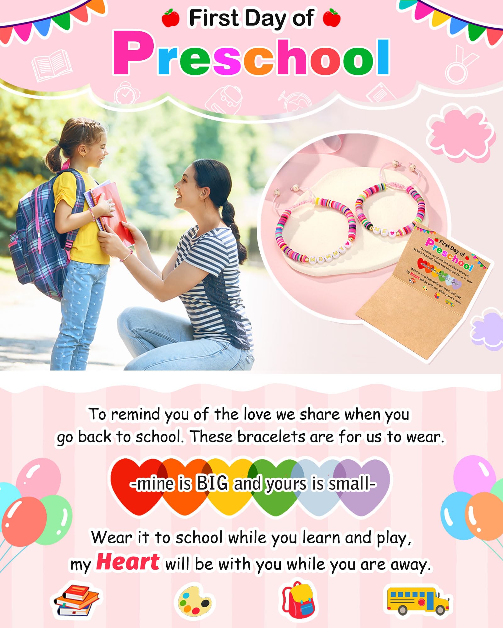 UNGENT THEM Back to School Stuff First Day of Preschool Pre K Bracelet Mommy and Me First Day of School Bracelet Mom and Daughter Mother Daughter Bracelets Back to School Gifts