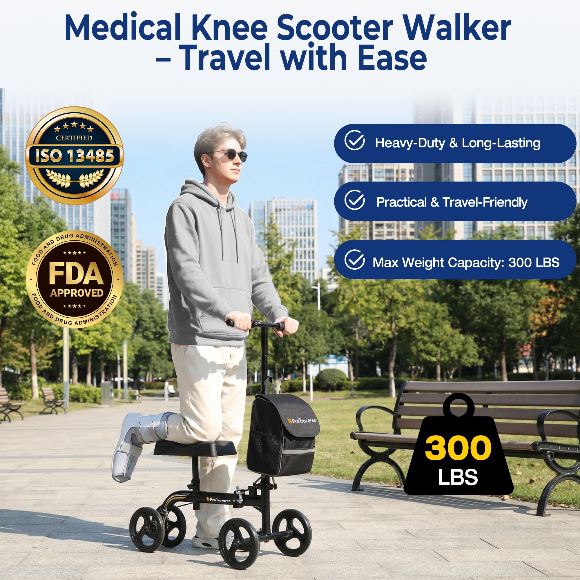 ProTraverse Knee Scooter for Adults, Foldable & Steerable Knee Walker with Comfort Knee Pad, Crutch Alternative for Adults，Medical Mobility Aid for Foot Surgery, Broken Foot & Ankle Injury,Black