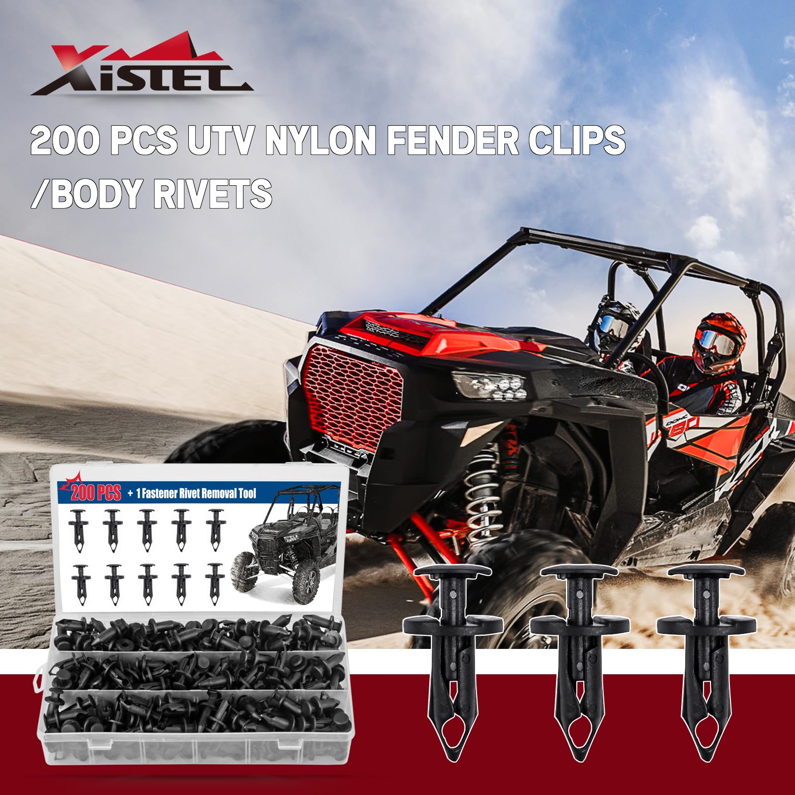 Xislet 200 Pcs UTV Nylon Fender Clips/Body Rivets Compatible with Polaris 7661855 Ranger RZR Can-Am Kawasaki Teryx Honda Pioneer 90653-HC4-900 Suzuki Sportsman ATV Fastener with Tool