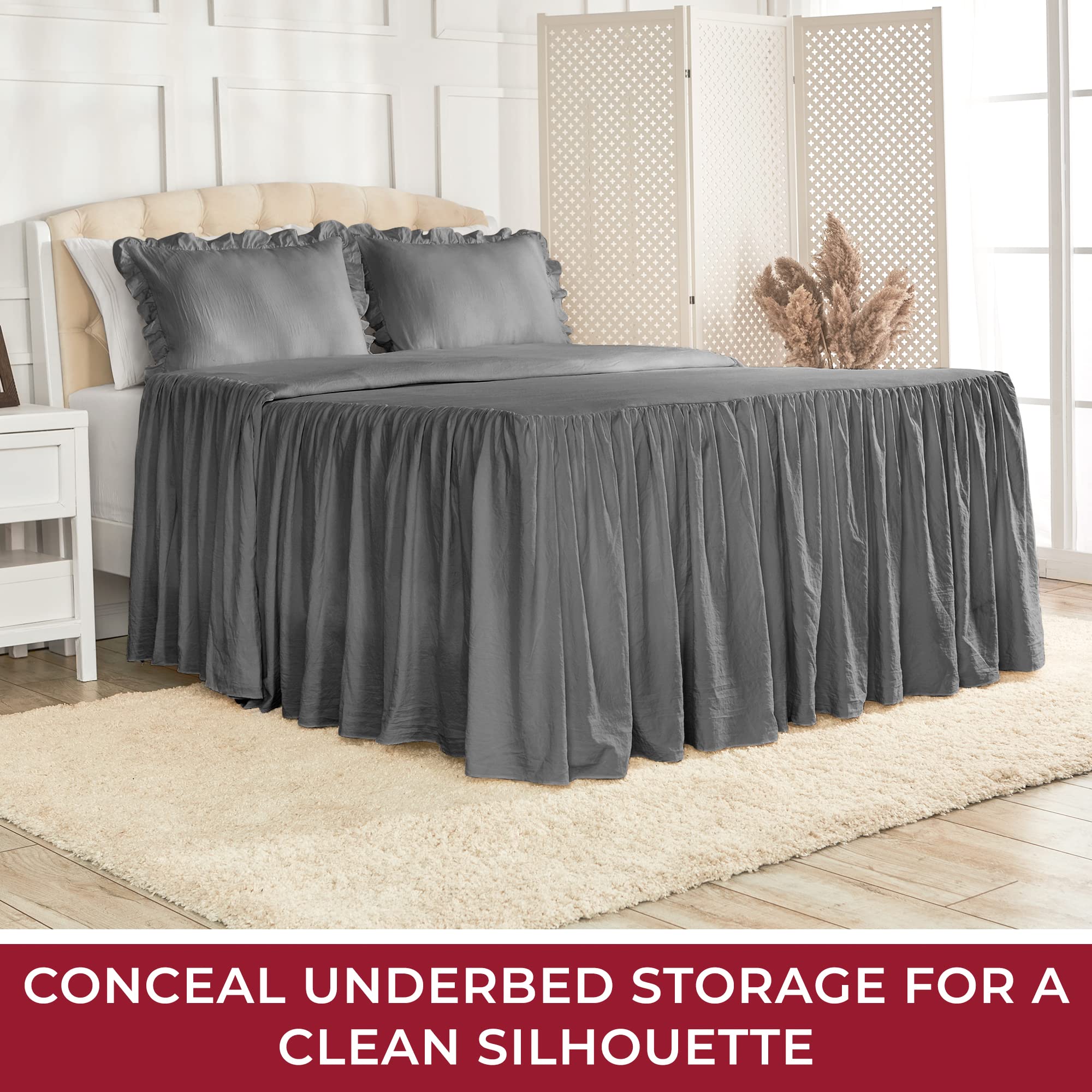 Mellanni Single-Tier Bedspread King Size Set - 3-Pieces: Ruffle Bedspread & 2 Shams - 30" Drop Ruffle Bedskirt for Total Coverage - Ultra-Soft Bedding (King, Gray)