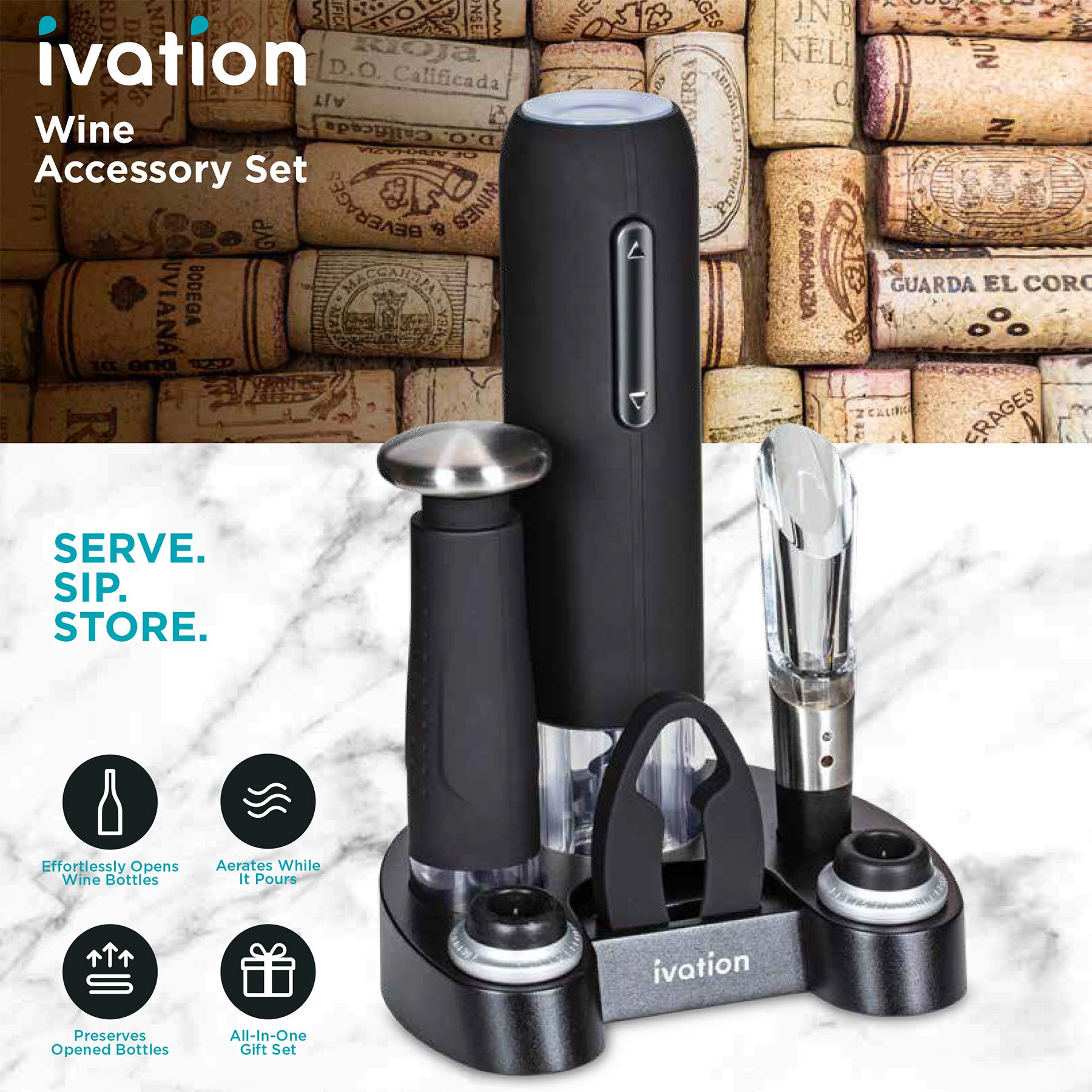 Ivation Wine Gift Set, Includes Electric Wine Bottle Opener, Wine Aerator, Vacuum Wine Preserver, 2 Bottle Stoppers, Foil Cutter & Charging Base