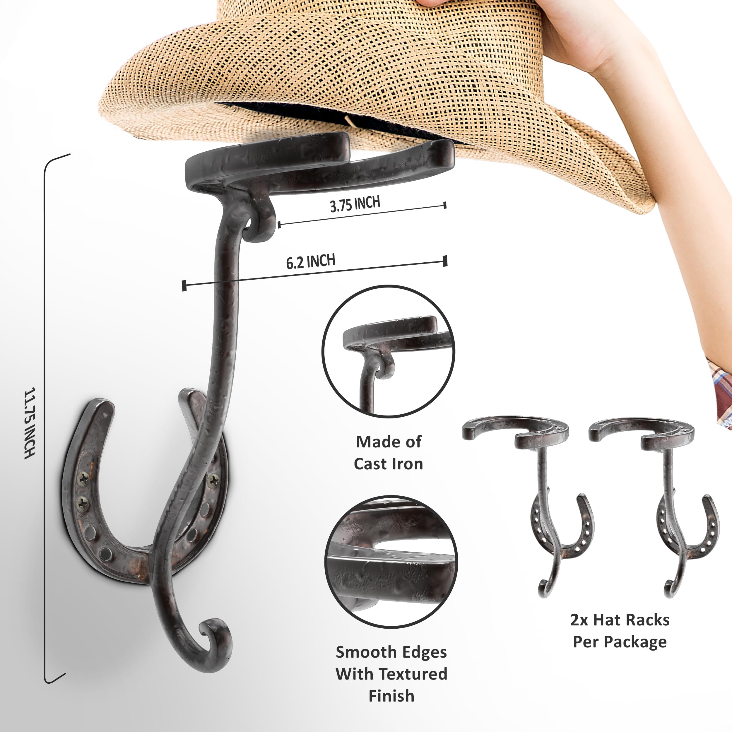 A.J. Boone Cowboy Hat Rack - Set of 2 Decorative Wall-Mounted Holder - Heavy-Duty Iron Hanger and Organizer DIY Kit for Hats, Coats and Keys - Rustic Western Horseshoe Hooks for Storage and Display