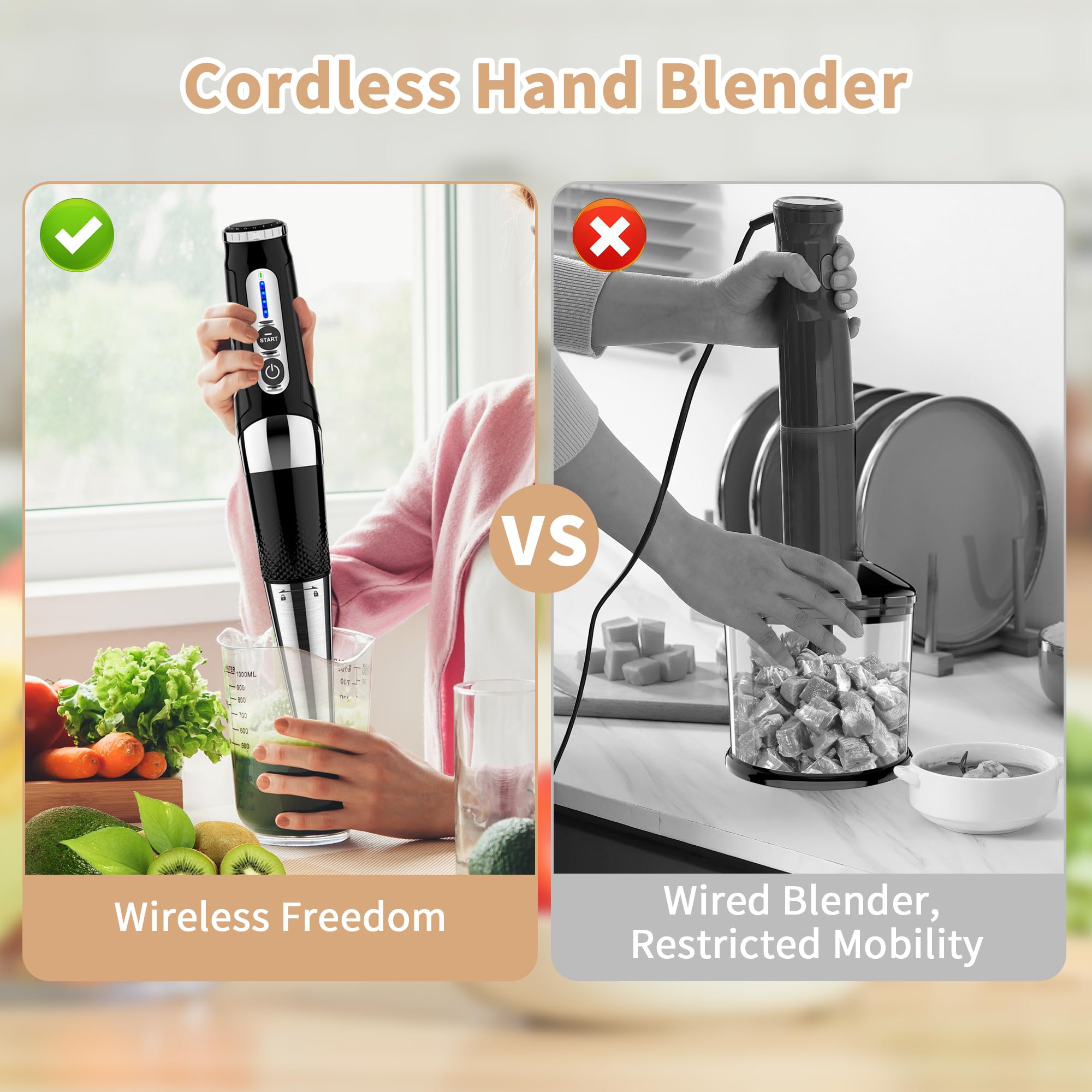 Cordless Immersion Blender: 4-in-1 Rechargeable Electric Hand Blender, 21-Speeds & 3-Angle Adjustable with 700ml Chopper, 700ml Beaker, Egg Whisk and Beater for Smoothies, Soup, Baby Food (Black)