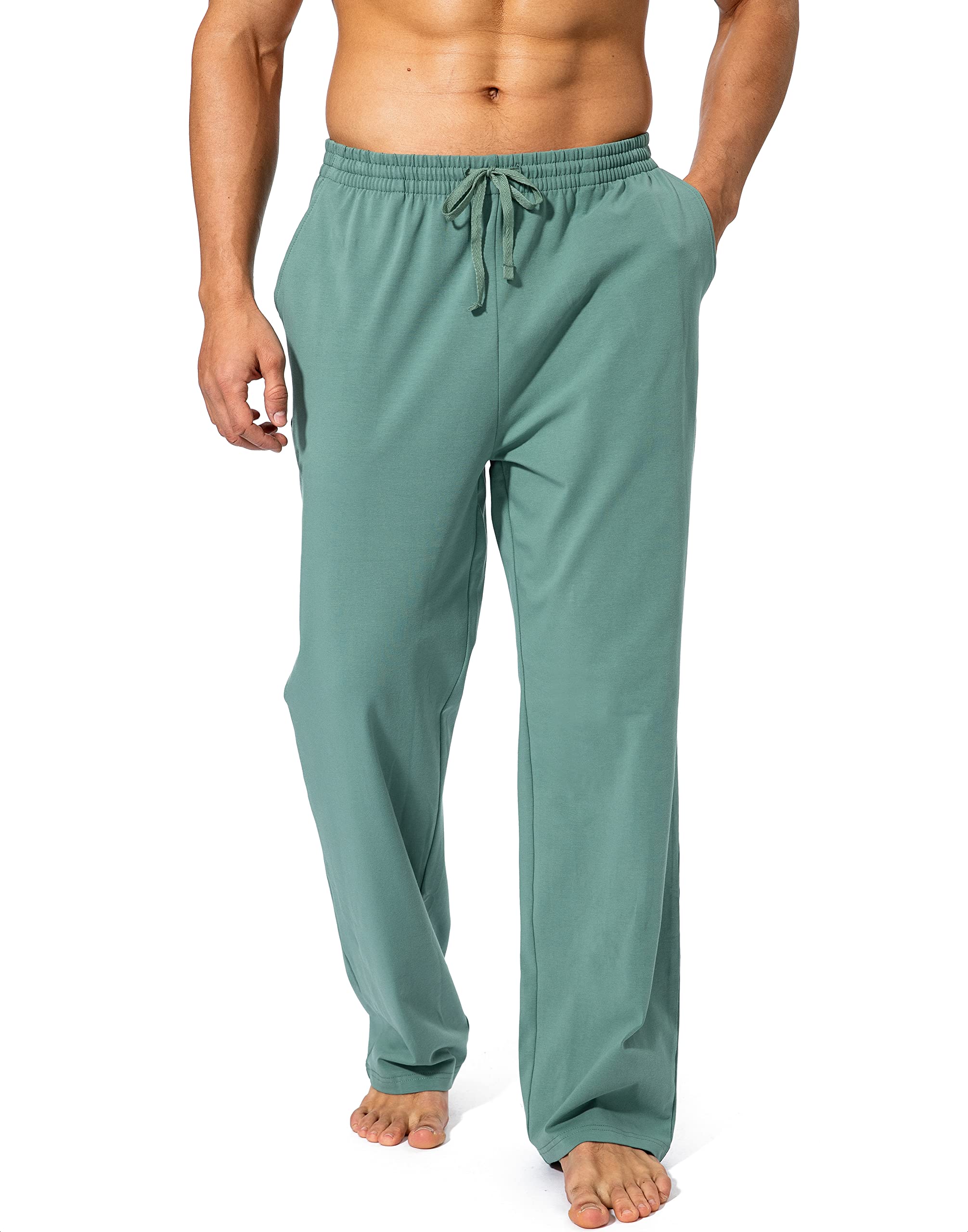 Pudolla Men's Cotton Yoga Sweatpants Athletic Lounge Pants Open Bottom Casual Jersey Pants for Men with Pockets (Green Large)