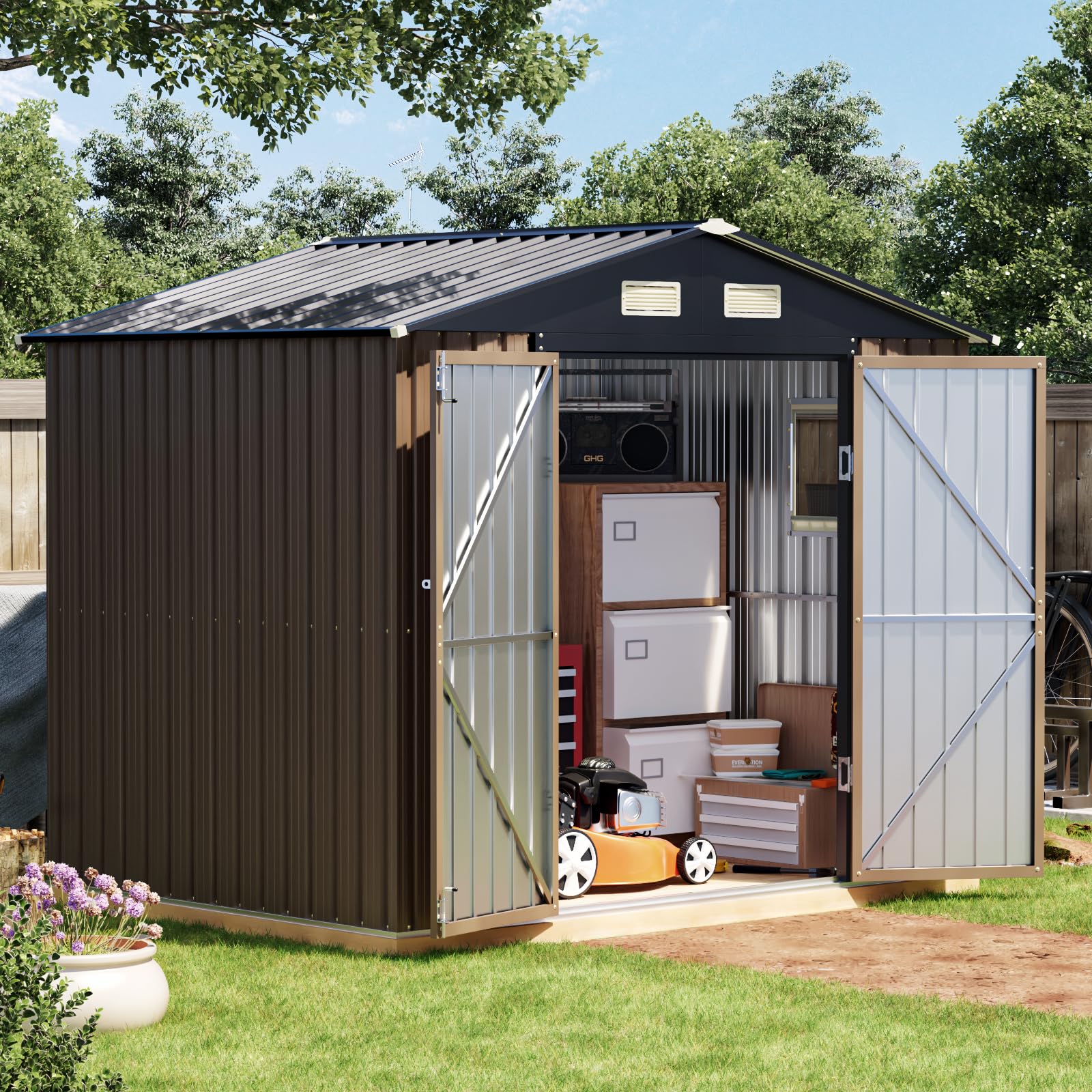 Grovellis 6x8FT Outdoor Metal Storage Shed, Double Door, 1 Clear Window, Tool Shed for Garden, Patio, Backyard Brown