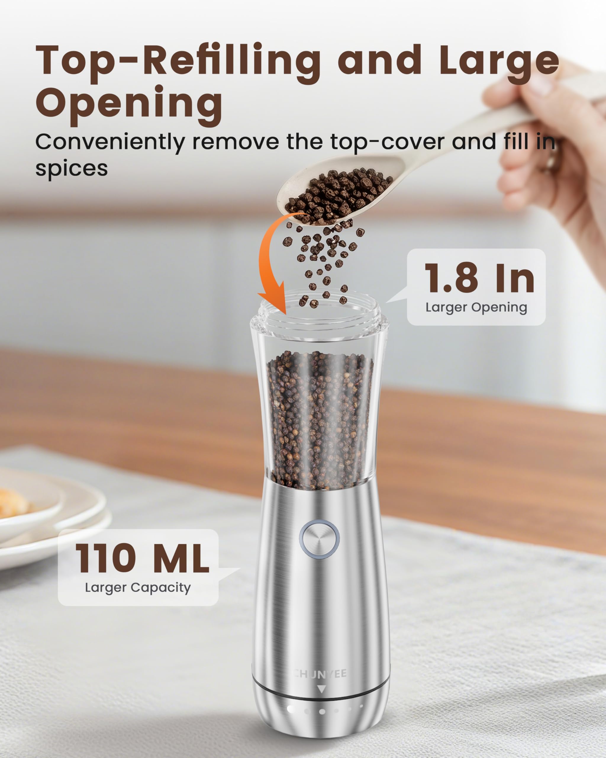 Electric Salt and Pepper Grinder Set - Automatic Stainless Steel Rechargeable Salt and Pepper Grinder Set with Storage Base, Large Capacity, LED Light & Adjustable Coarseness, Ideal Kitchen Gadget
