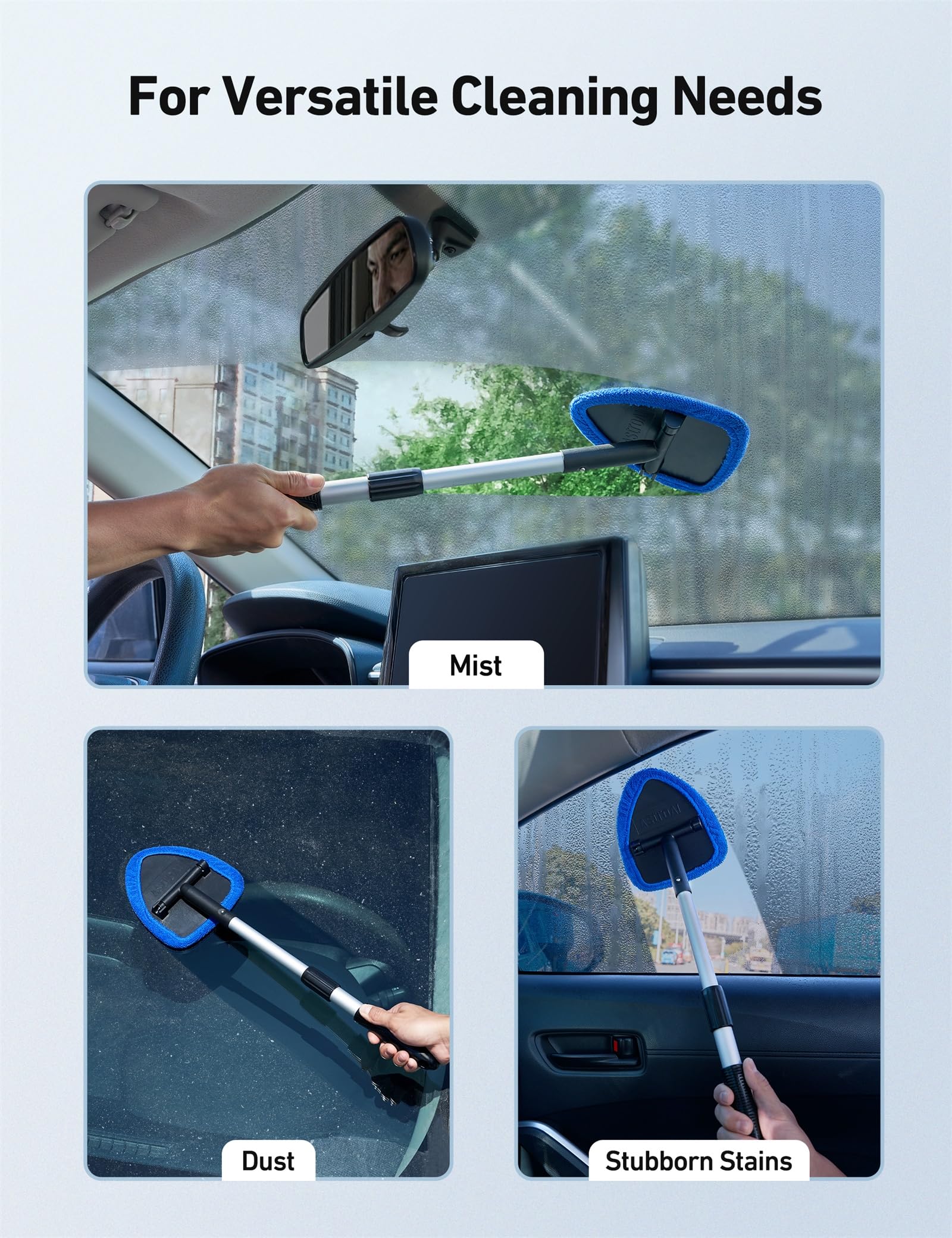 AstroAI Windshield Cleaner, Car Windshield Cleaning Tool Inside with 4 Reusable and Washable Microfiber Pads and Extendable Handle Auto Glass Wiper Kit, Blue