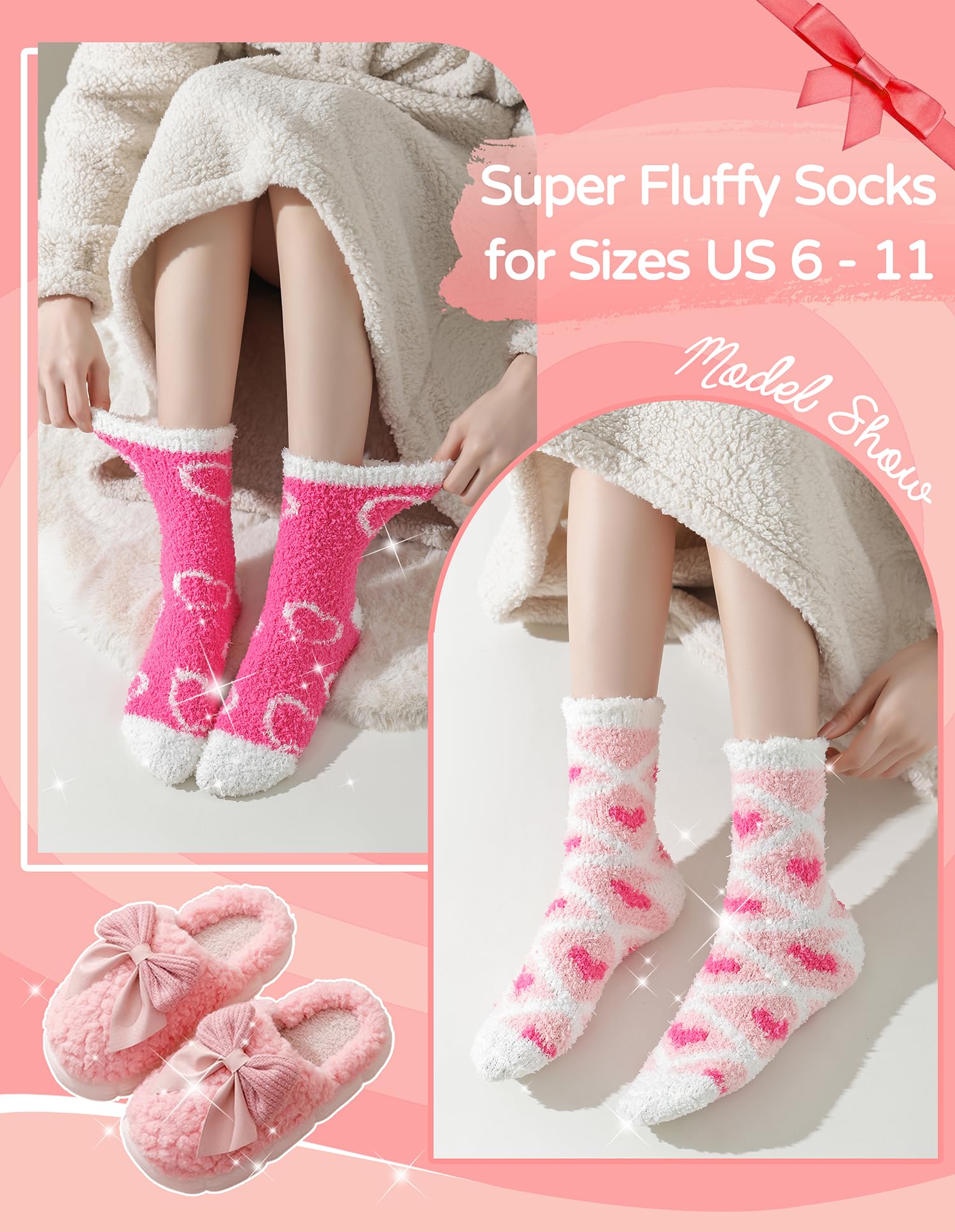 TEHOOK Valentines Gifts-Warm Fuzzy Cozy Fluffy Soft Socks-Pink Heart Valentines Socks-Valentines Day Gifts for Her Girlfriend Wife Women Girls-Valentines Basket Stuffers