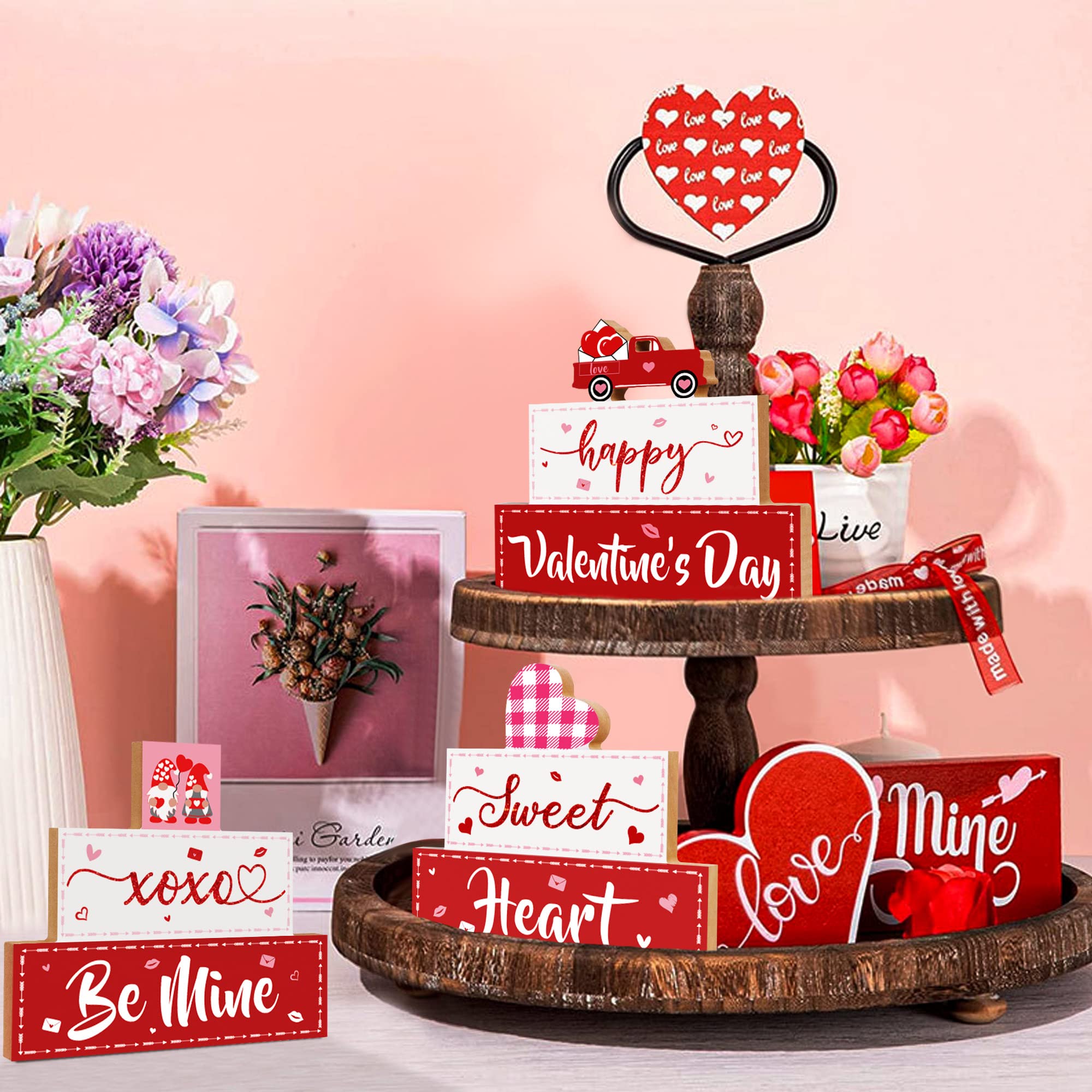 3 PCS Valentine's Day Wooden Sign Table Decor, Happy Valentine's Tabletop Centerpiece XOXO Be Mine Valentine Decorations for Tables, Valentine's Day Presents Wood Love Heart Desk Mantle Shelf Decoration