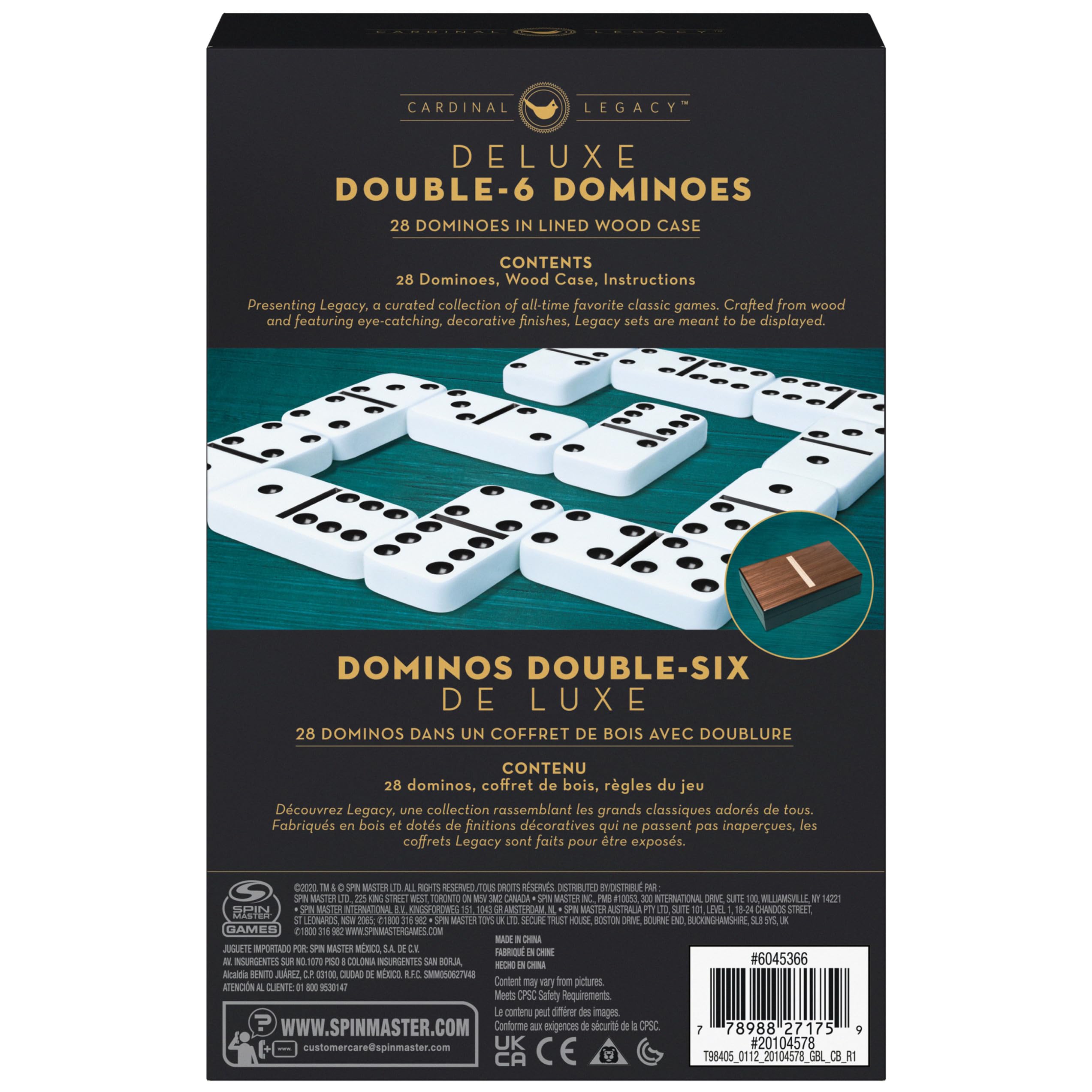 Legacy Deluxe Double-6 Dominoes, Classic Original Board Game Set of 28 Dominoes in Luxury Lined Wood Case, for Kids and Adults Aged 8 and up