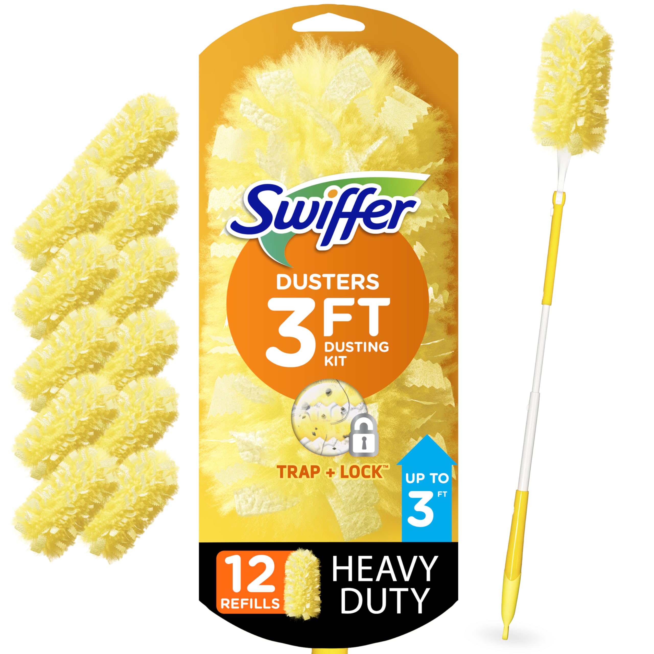 Swiffer Duster Heavy Duty Dusting Kit, Cleaning Supplies, 3 ft Extended Handle, 1 Duster, 12 Refills