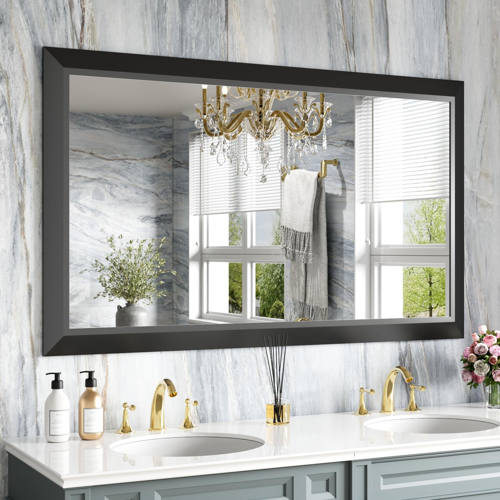 Amorho Black Bathroom Mirror, 50x30 Inch Thick Metal Framed Wall Mirrors for Over 2 Sinks, Bedroom, Living Room, Entryway, Large Rectangle Wall-Mounted Mirrors.