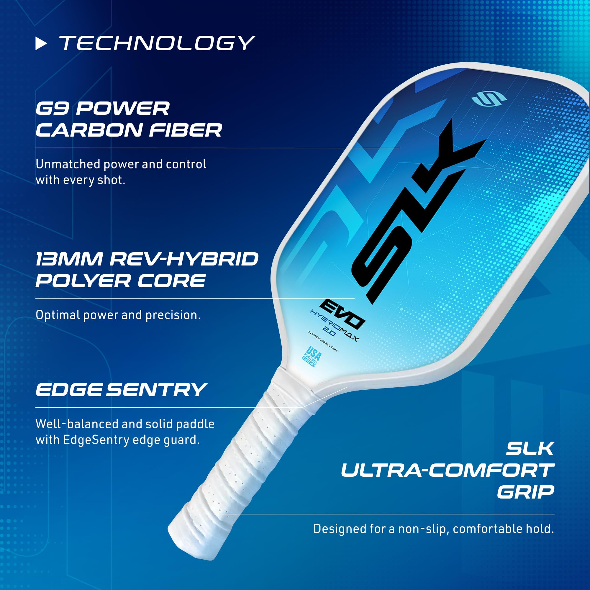 SLK Evo Hybrid MAX Pickleball Paddle by Selkirk Sport | C7-Flex Hybrid Fiberglass Pickleball Paddle Face with Spinflex Surface and Rev-Hybrid Polymer Core | Blue