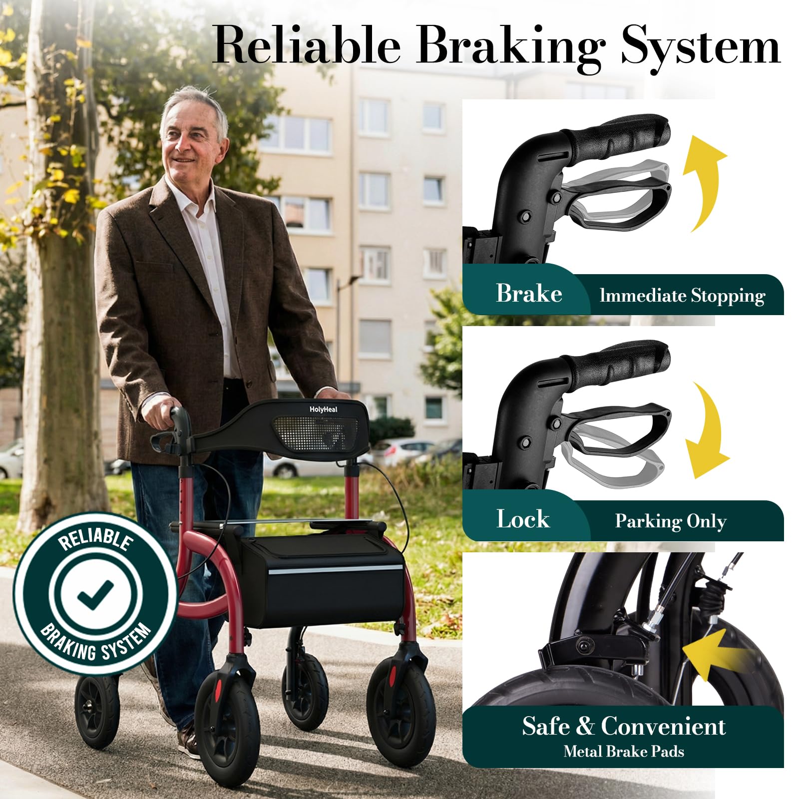HolyHeal Walkers for Seniors, Rollator Walker with Seat and Backrest, 10" Big Wheels All Terrain, Rolling Walker Foldable Supports 350lb, Lightweight & Height Adjustable, Cane & Cup Holder, Burgundy