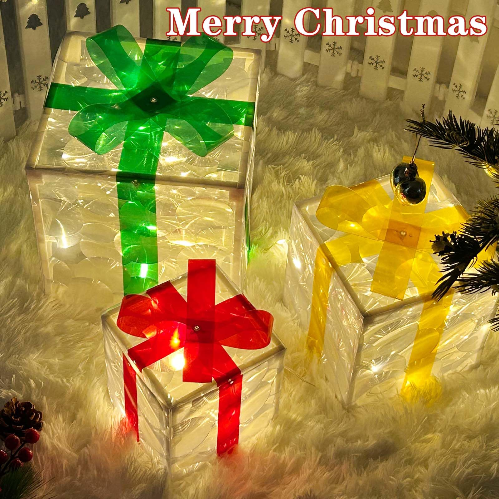 Set of 3 Christmas Lighted Boxes Decorations Indoor Outdoor, 60 LED Christmas Light Up Present Box with 8 Modes, Battery Powered Gift Box for Xmas Tree Yard Home Porch Holiday Lawn Decor(Warm White)