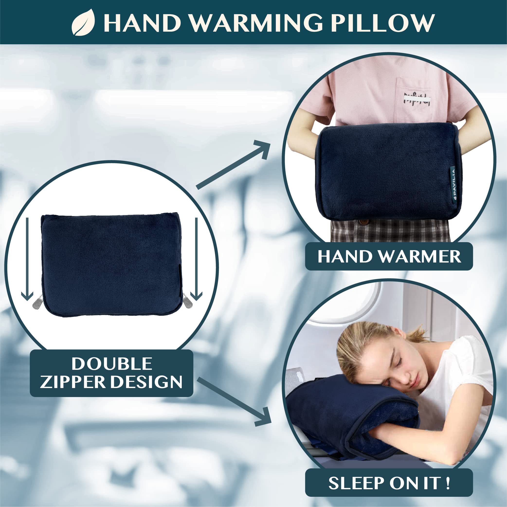 PAVILIA Travel Blanket Pillow, Soft Airplane Blanket 2-IN-1 Combo Set, Plane Blanket Compact Packable, Flight Essentials Car Pillow, Travelers Gifts Accessories Luggage Backpack Strap, 60x43 Navy Blue