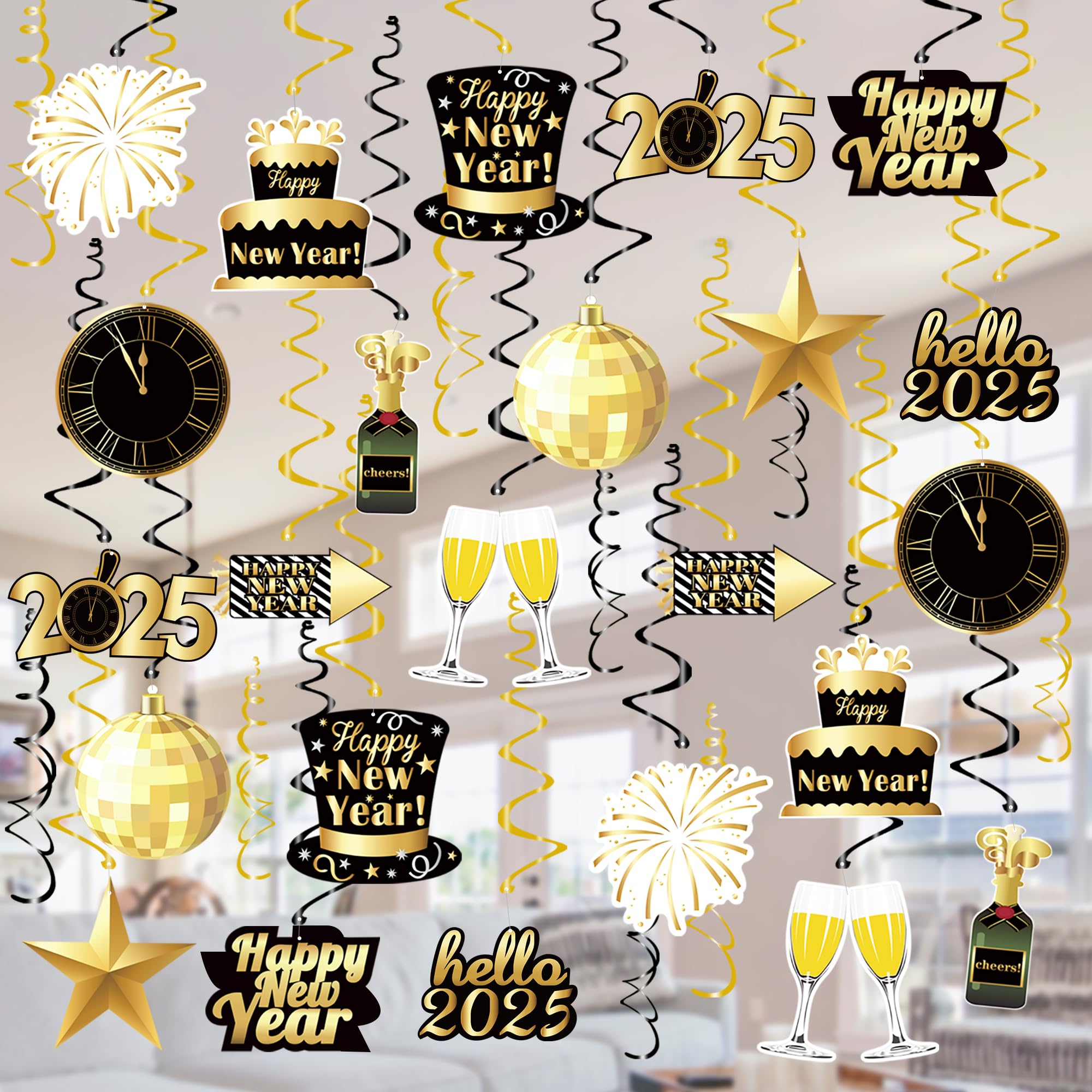 Tifeson 36 Pcs Happy New Year Decorations Hanging Swirls - Happy New Year Decorations 2025 - New Year's Eve Party Decorations Supplies 2025 for Home Office Ceiling (Black and Gold)