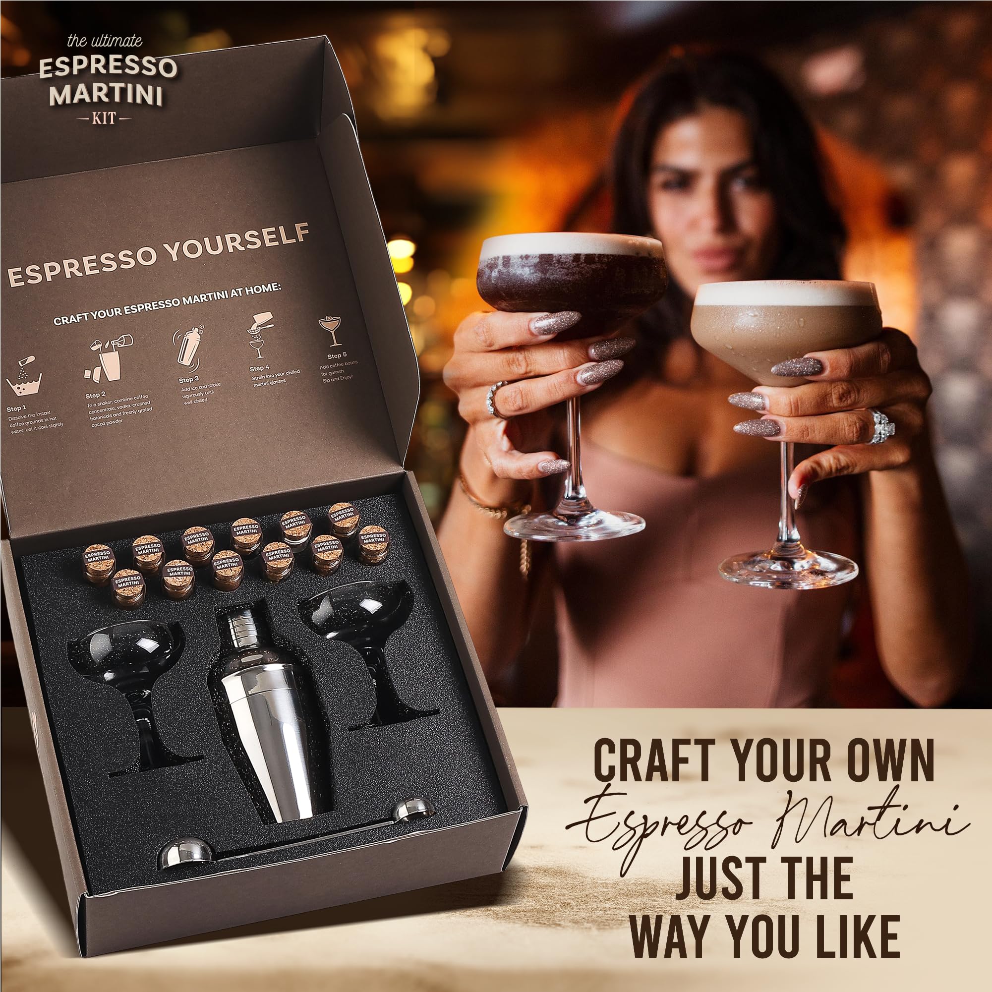 Espresso Martini Gifts– Premium Cocktail Kit - Espresso Martini Kit Maker Set with Glasses, Party-Ready Accessories, and Elegant Decorations for Birthdays and Events, Birthday Gifts for Women