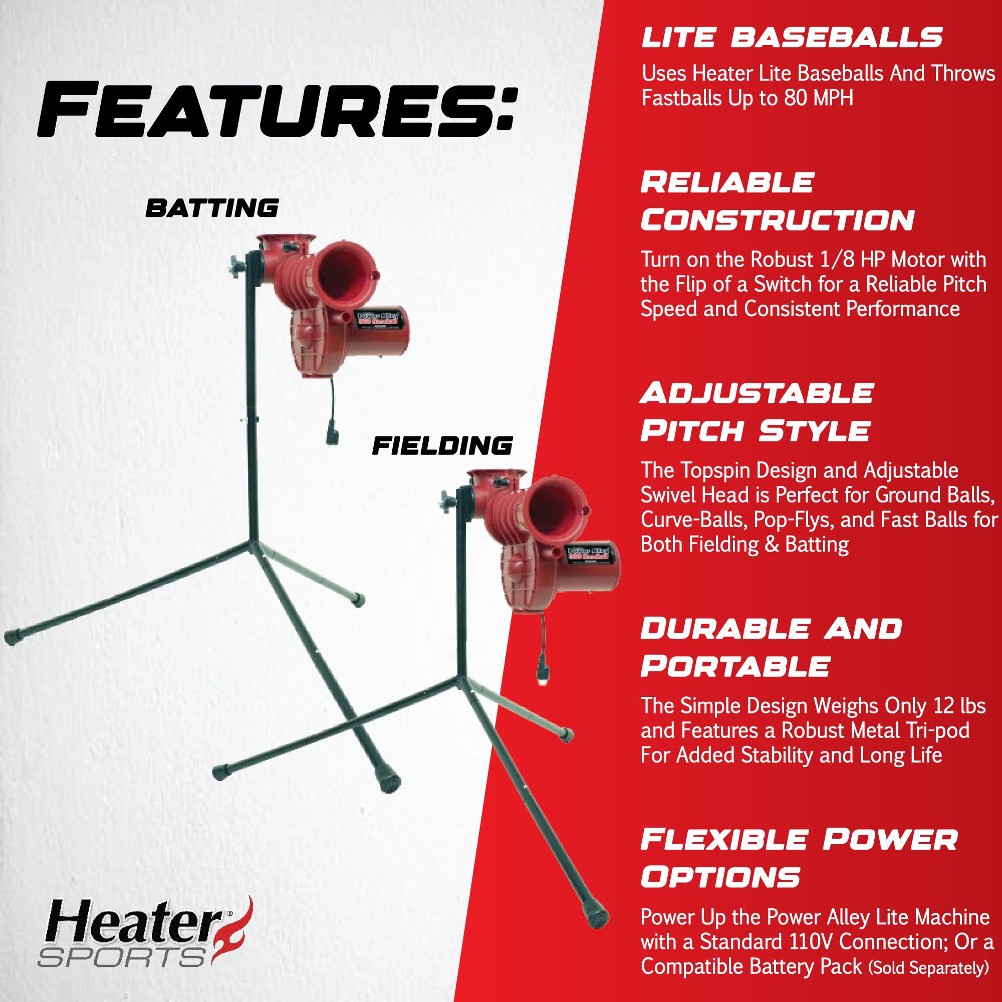 Heater Sports Power Alley Lite 360 Baseball Pitching Machine - Pitches Lite Balls 40-80 MPH Fastballs, Sliders, & Curves | Accurate, Durable, & Portable Training Tool for Batting & Field Practice