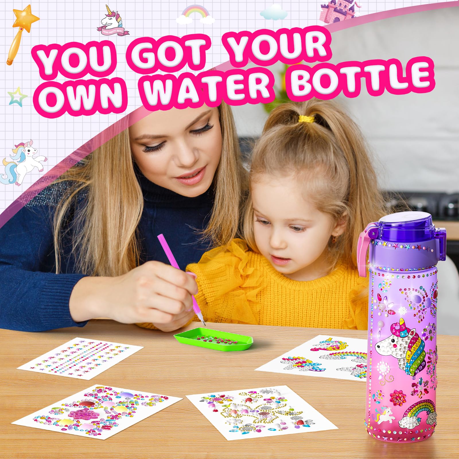 Gifts for Girls 4-12, Decorate Your Own Water Bottle Kits for Girls, Unicorn Diamond Painting Toys & Friendship Bracelet Kit, Fun Arts Crafts for Kids Ages 4-6-8-10, Birthday Gifts Toys for Girls