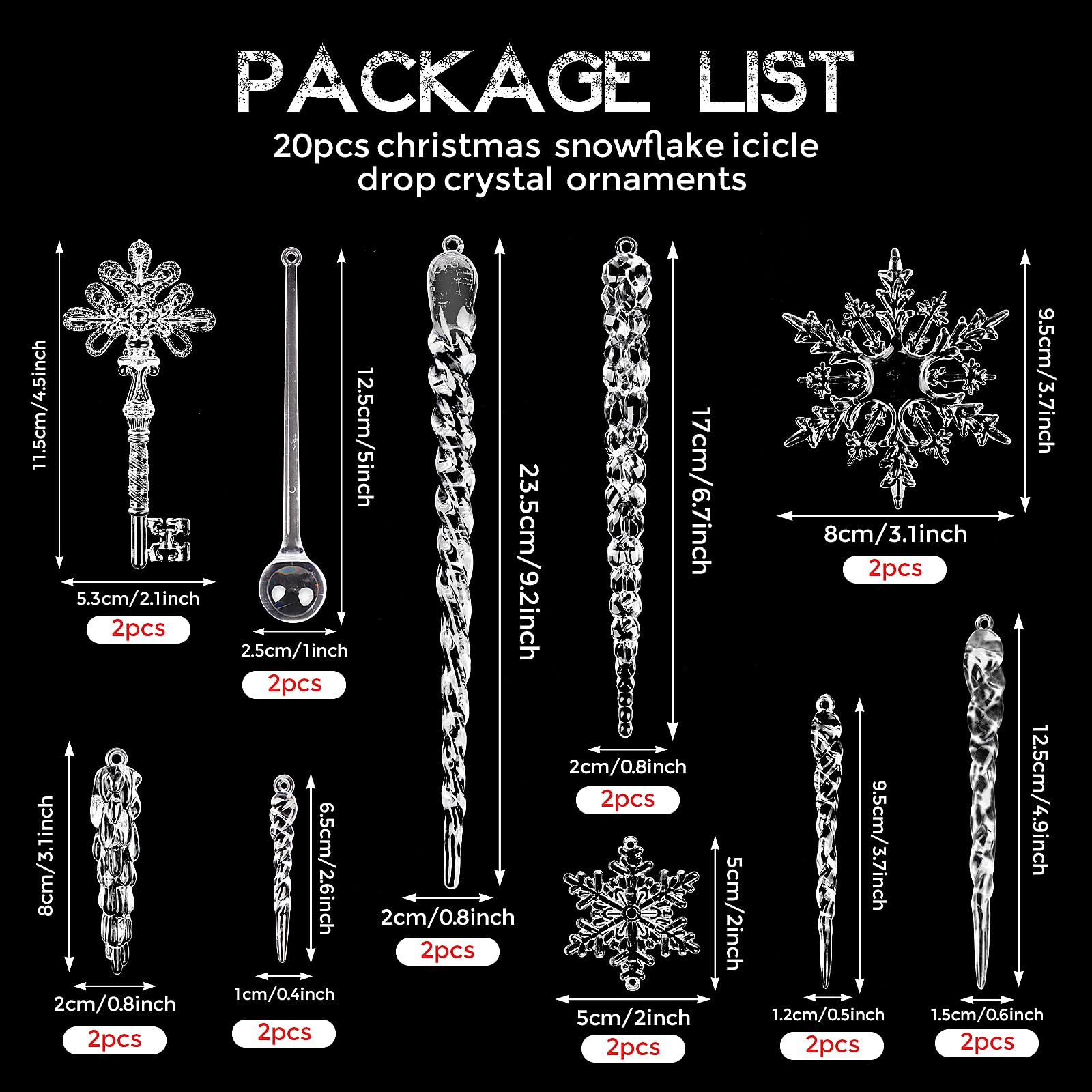 20 Pcs Acrylic Icicles Clear Snowflake Hanging Icicles Simulated Ice Stick Christmas Icicle Ornaments Set for Christmas Tree Pendant Christmas Decorations