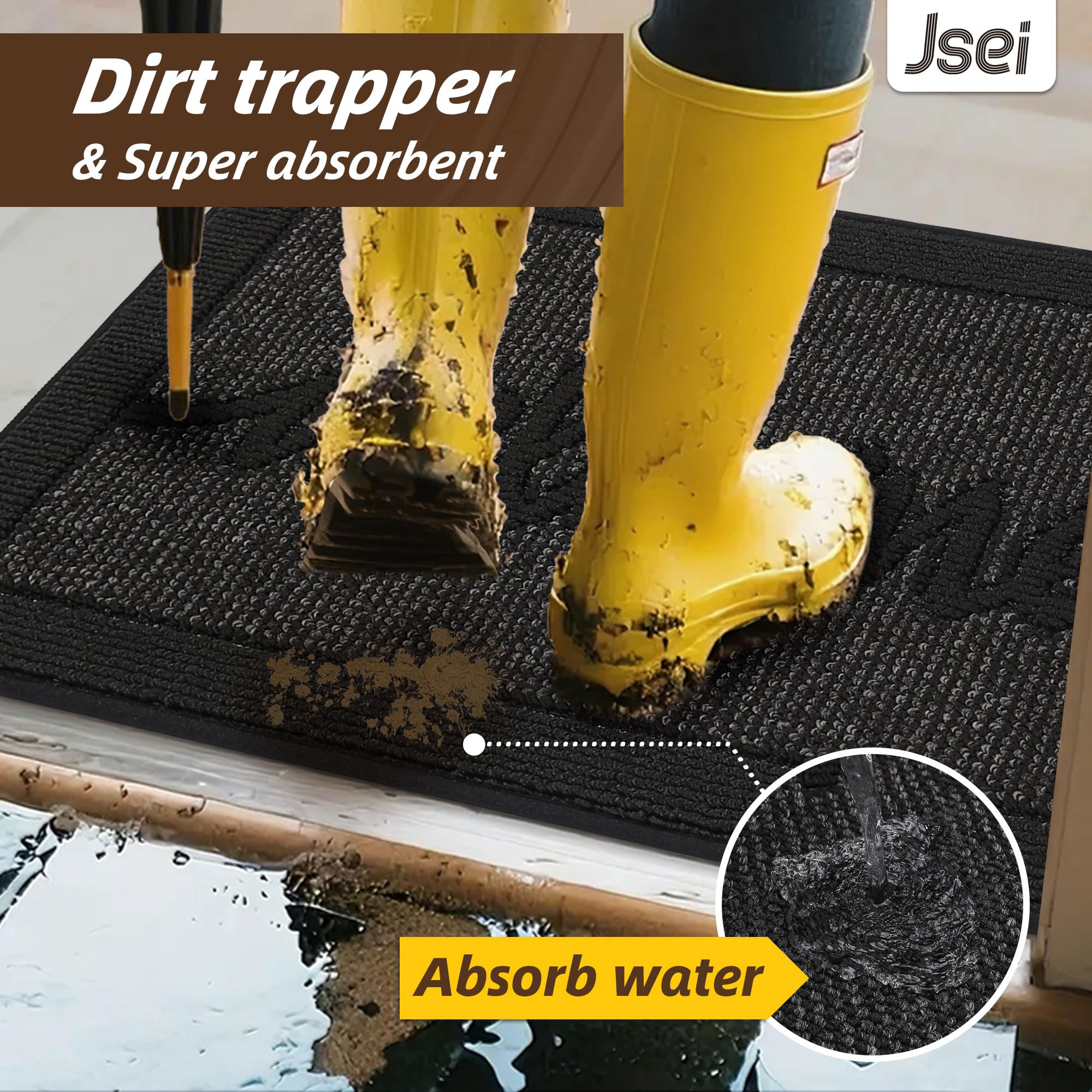 JSEI Door Mat 20"x 32",Absorbent Muddy Dirt Welcome Mat,Non-Slip Entryway Rugs Washable Indoor Entrance Mats,Low Profile Floor Mat for Entryway and Front Back Door,Black
