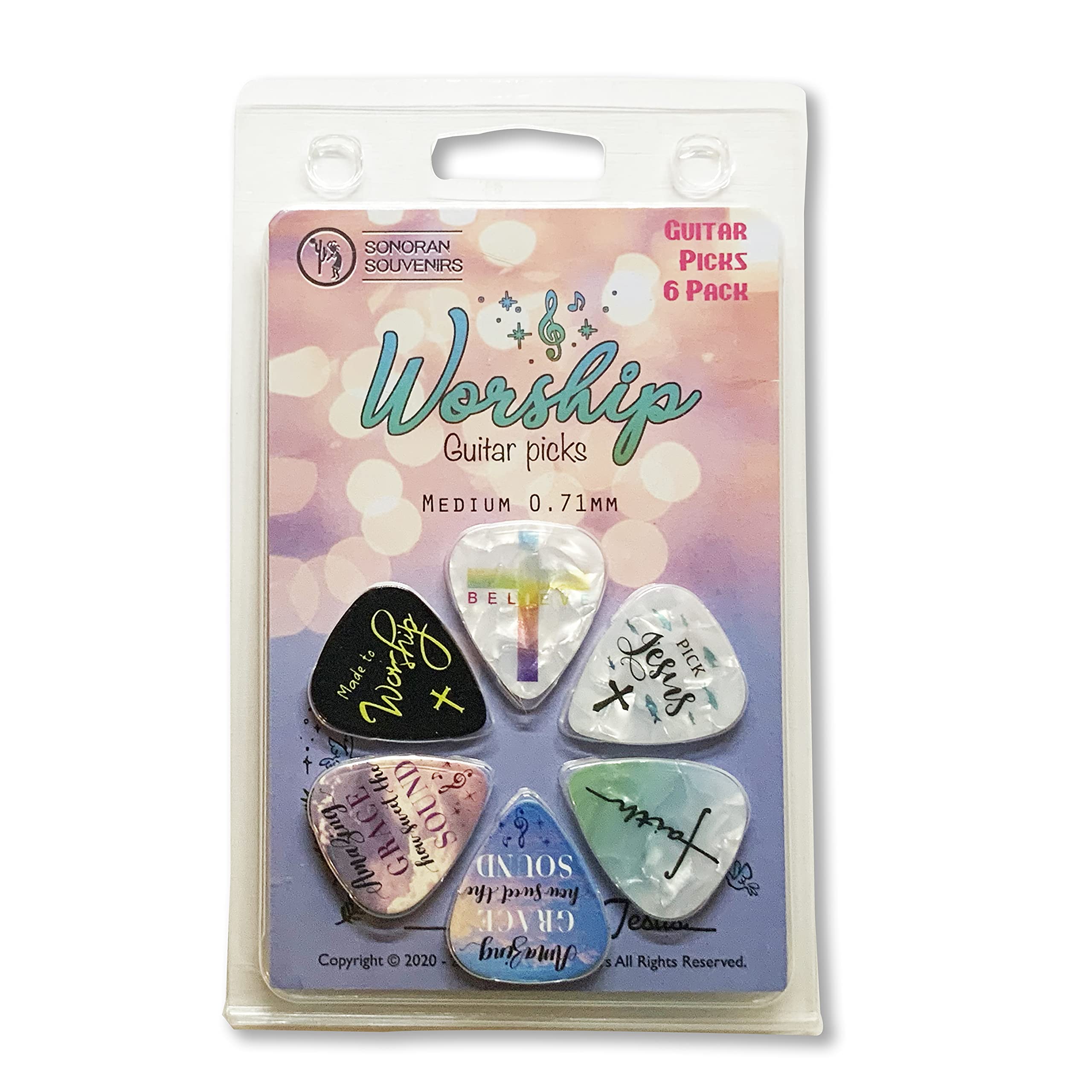 Sonoran Souvenirs Guitar Picks 6 Pack - Inspirational Designs for Church Bands, Musicians & Jewelry Crafters - Medium 0.71mm, Celluloid, Smooth Surface - Perfect for Arts and Crafts