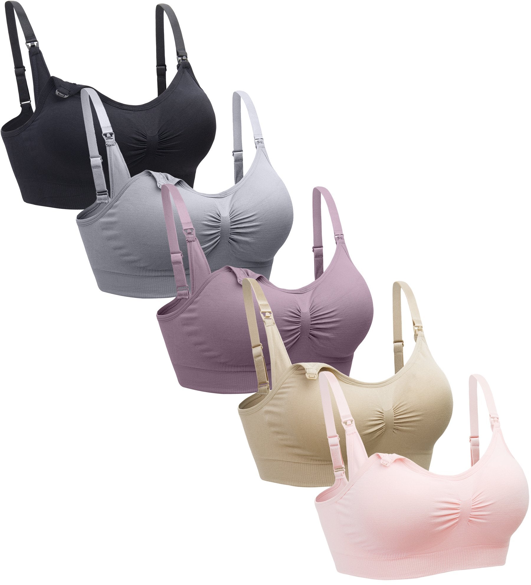 Suekaphin 5PACK Nursing Bra Wireless Bra Women's Sleeping Maternity Bra Breastfeeding Bra,Large,Black/Nude/Purplebean/SoftPink/Gray