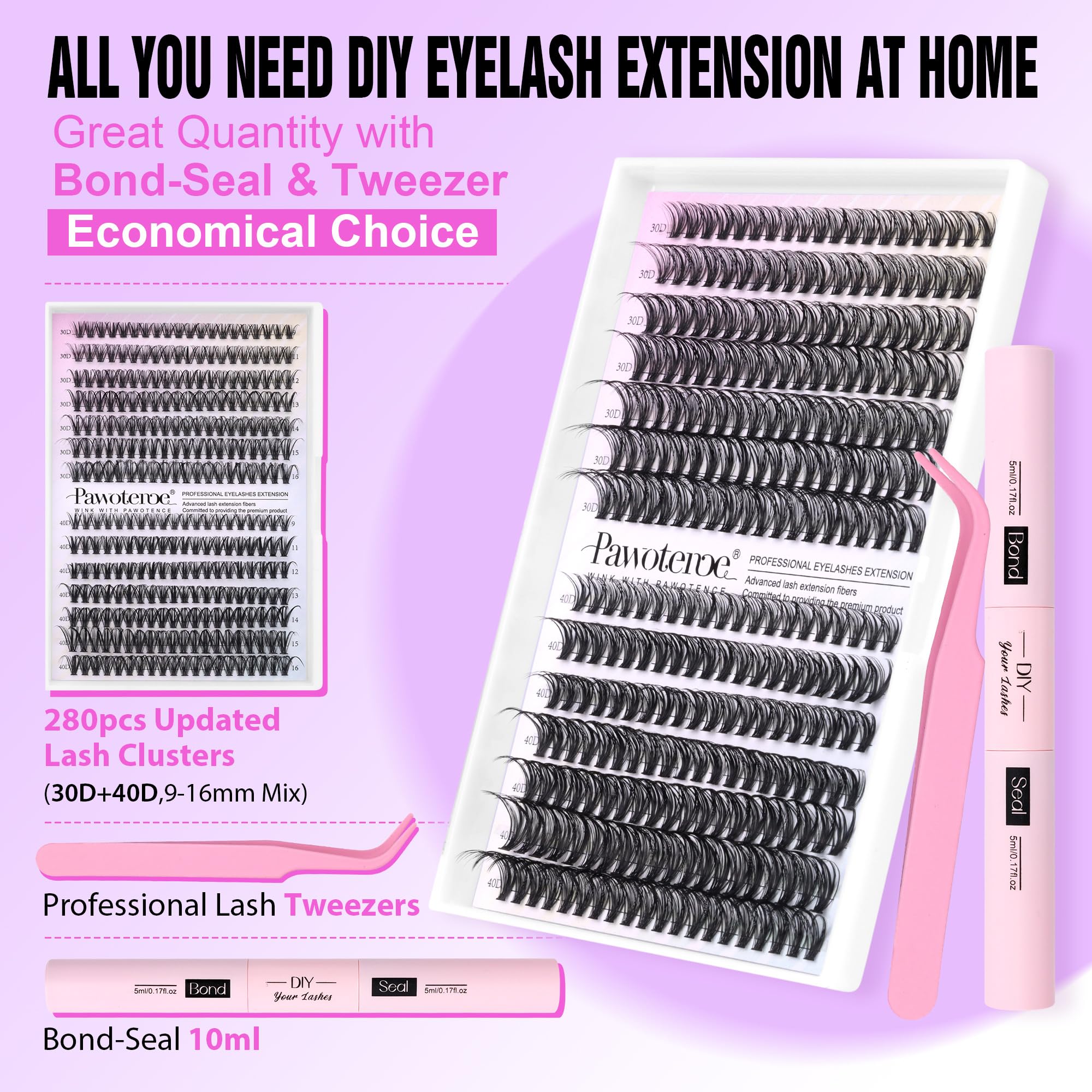 Pawotence Lash Extension Kit DIY 280pcs Lash Clusters Eyelash Extension Kit, 9-16mm 30D 40D Individual Lashes Kit with Lash Bond and Seal, Lash Tweezers for Self Use (30D&40D, 0.07D, 9-16mm, Kit)