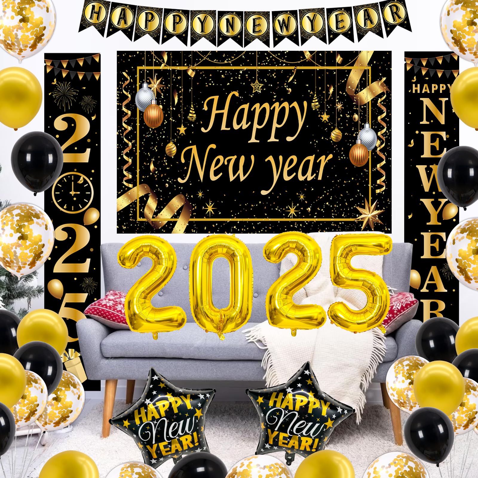 New Years Eve Party Supplies 2025, 40PCS Happy New Year Decorations Black Gold Happy New Years Banner Backdrop New Years Decorations 2025 Number Foil Confetti Balloons Door Banner NYE Decorations 2025