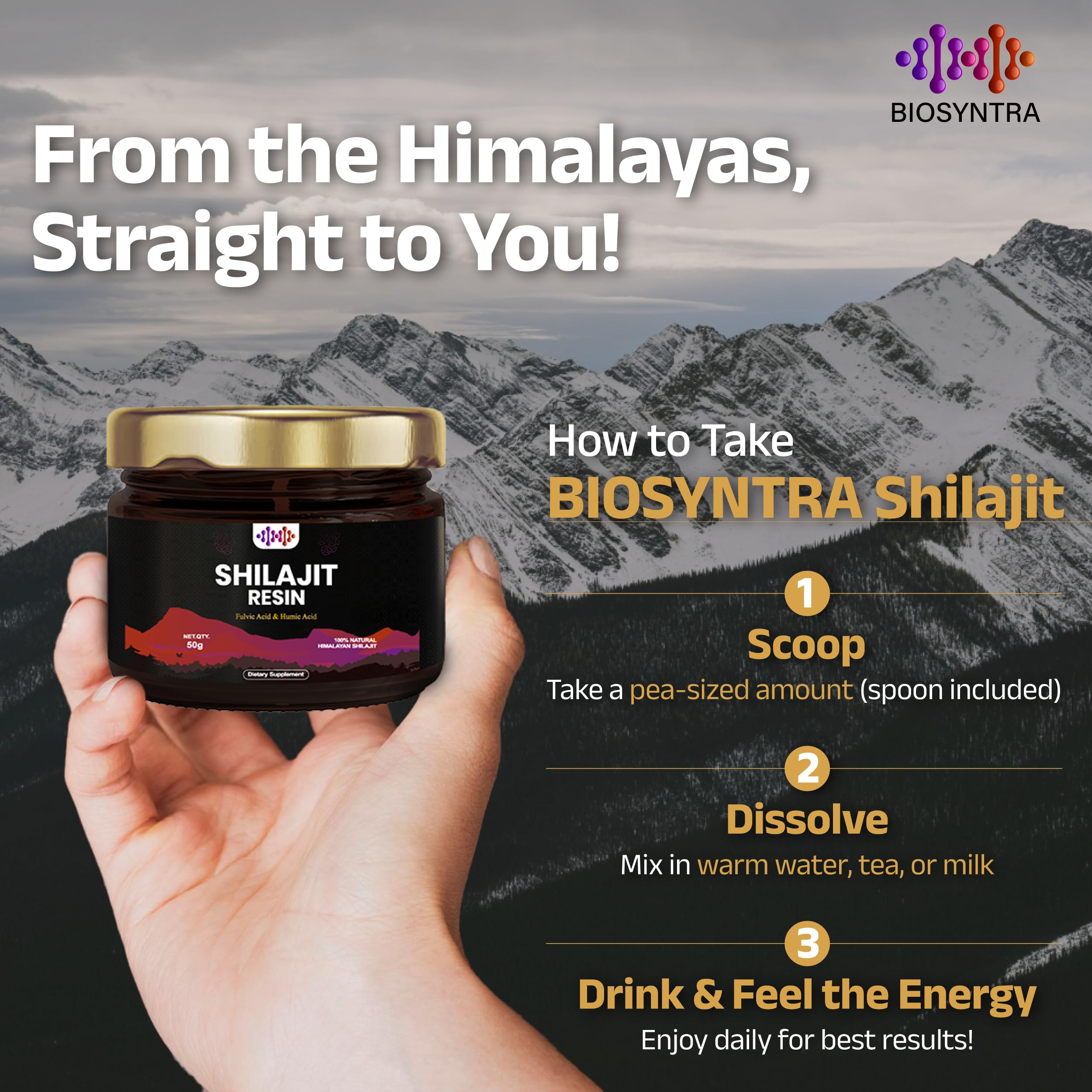 Biosyntra Pure Shilajit Resin – with Fulvic Acid & 87+ Trace Minerals exctracted from Himalaya – Natural Energy, Stamina & Vitality Supplement for Men & Women, 3rd Party Tested, Non-GMO, 1.7 oz Jar