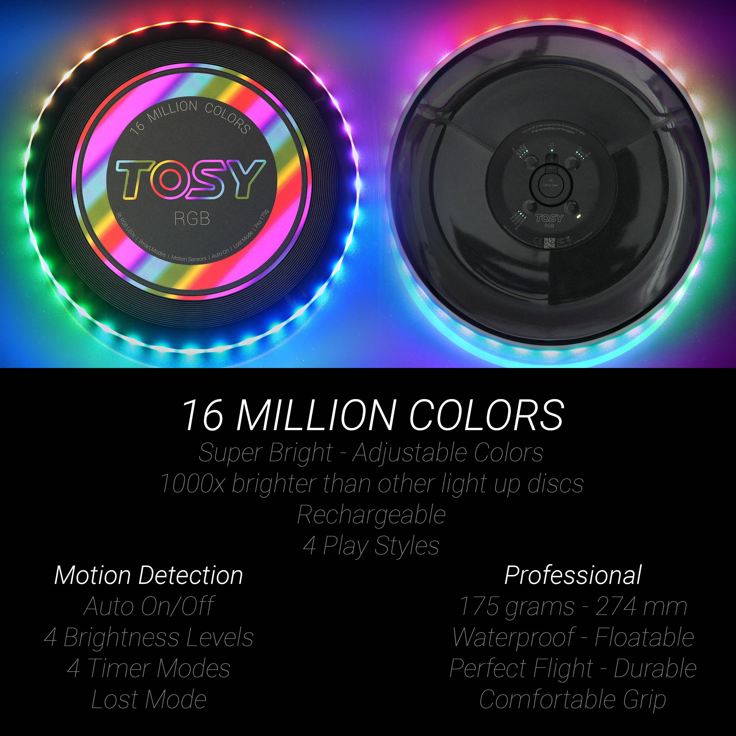 TOSY Flying Disc - 16 Million Color RGB or 36 or 360 LEDs, Extremely Bright, Smart Modes, Auto Light Up, Rechargeable, Perfect Birthday & Camping Gift for Men/Boys/Teens/Kids, 175g frisbees